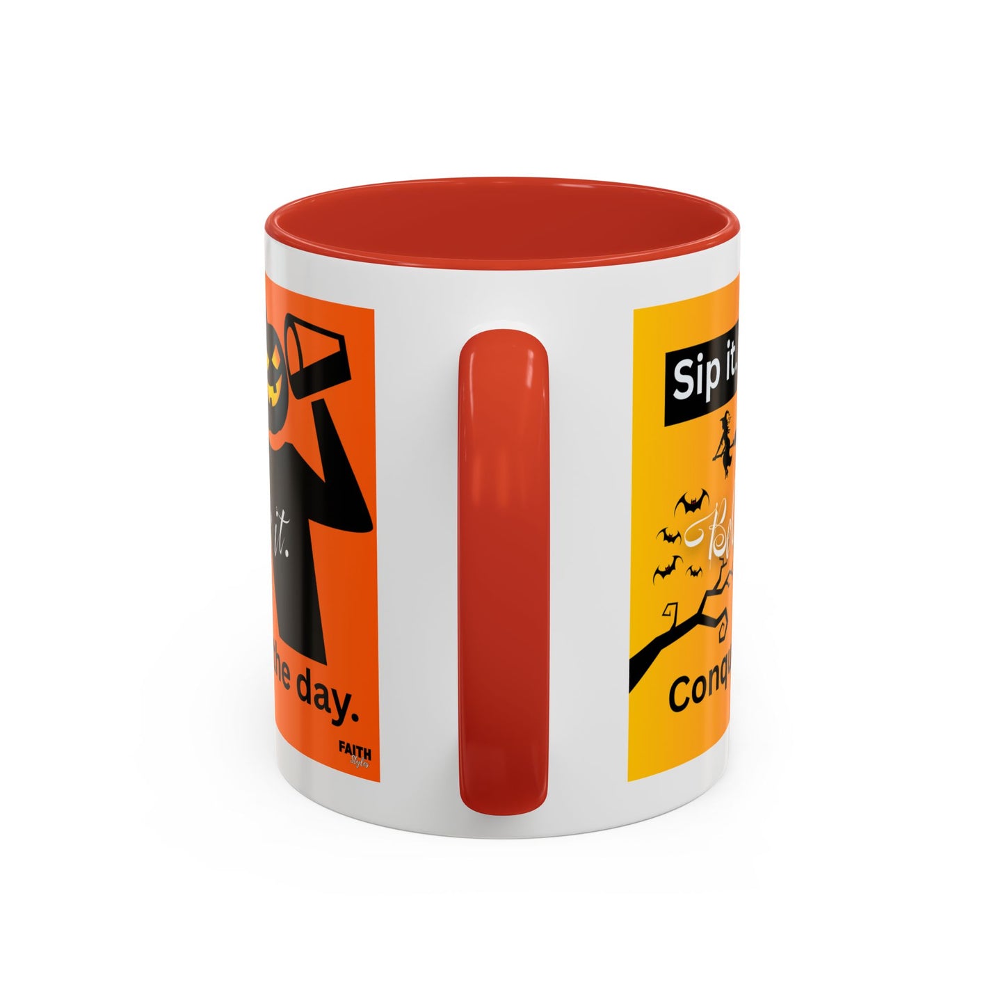 FaithStyles Halloween-Themed Coffee Mug, Sip It Believe It Conquer the Day, Fall Decor, Gift for Pumpkin Lovers, Autumn Kitchenware