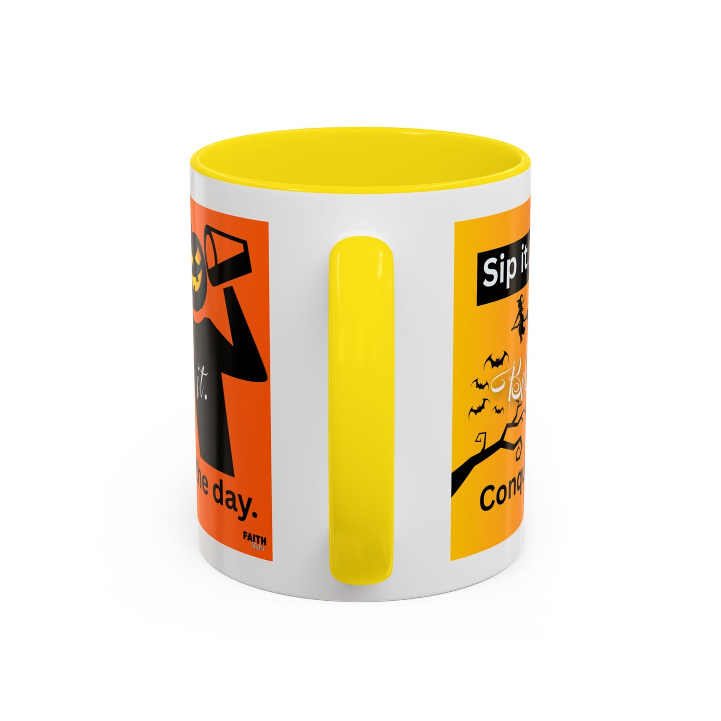 FaithStyles Halloween-Themed Coffee Mug, Sip It Believe It Conquer the Day, Fall Decor, Gift for Pumpkin Lovers, Autumn Kitchenware
