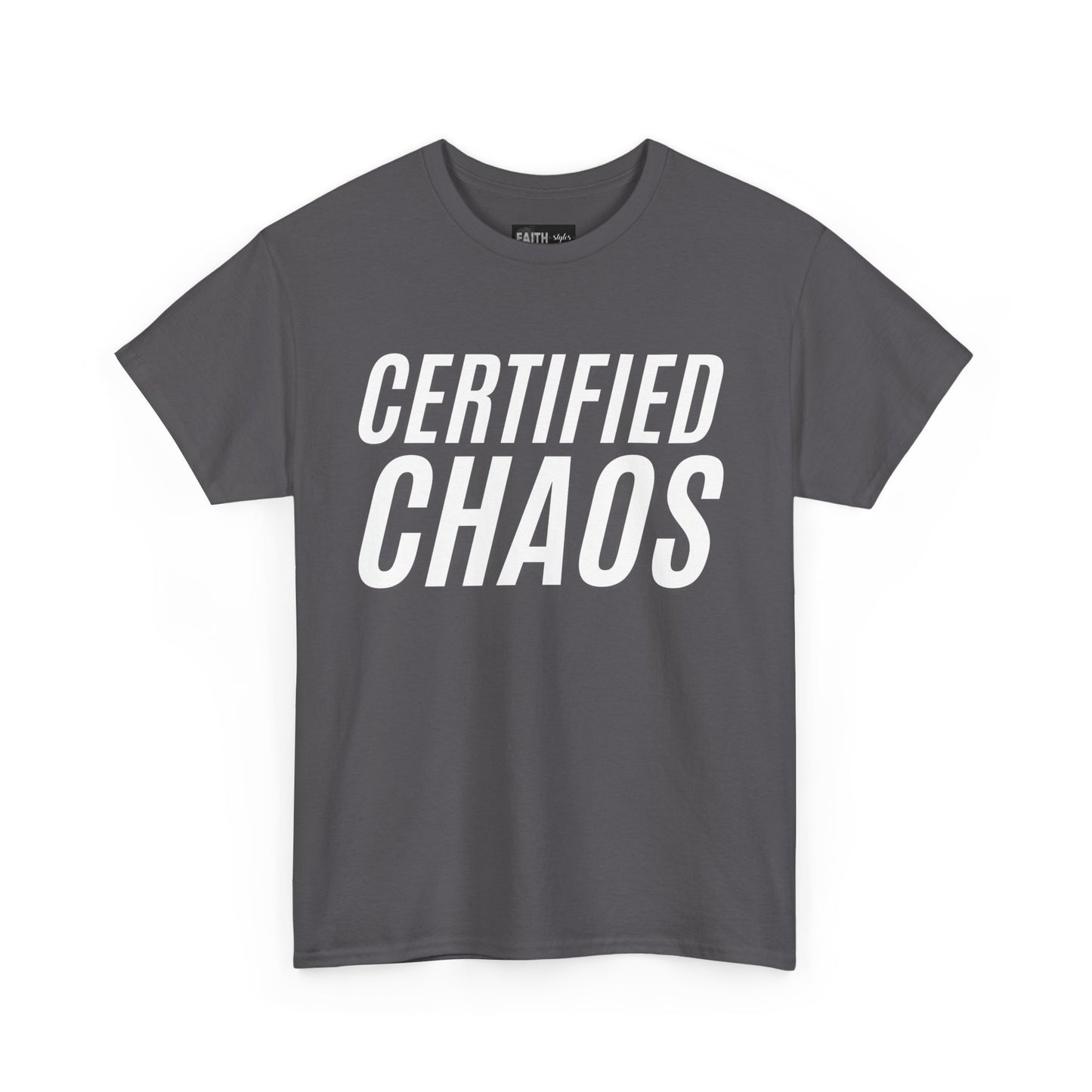 Certified Chaos Unisex Heavy Cotton Tee, Casual Tee, Graphic Tee, Trendy T-Shirt, Gift for Friends, Everyday Wear