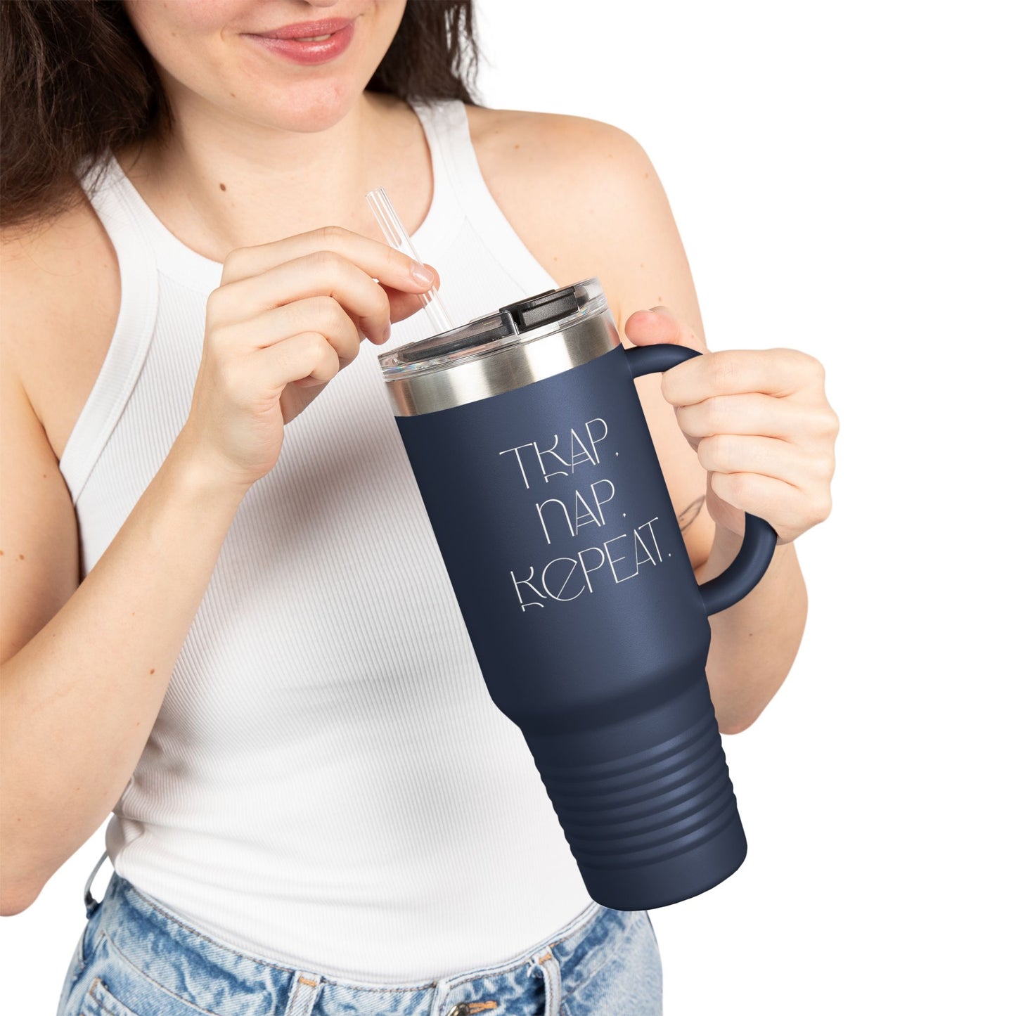 FaithStyles “Trap. Nap. Repeat.” Insulated Travel Tumbler – Stainless Steel Mug with Straw