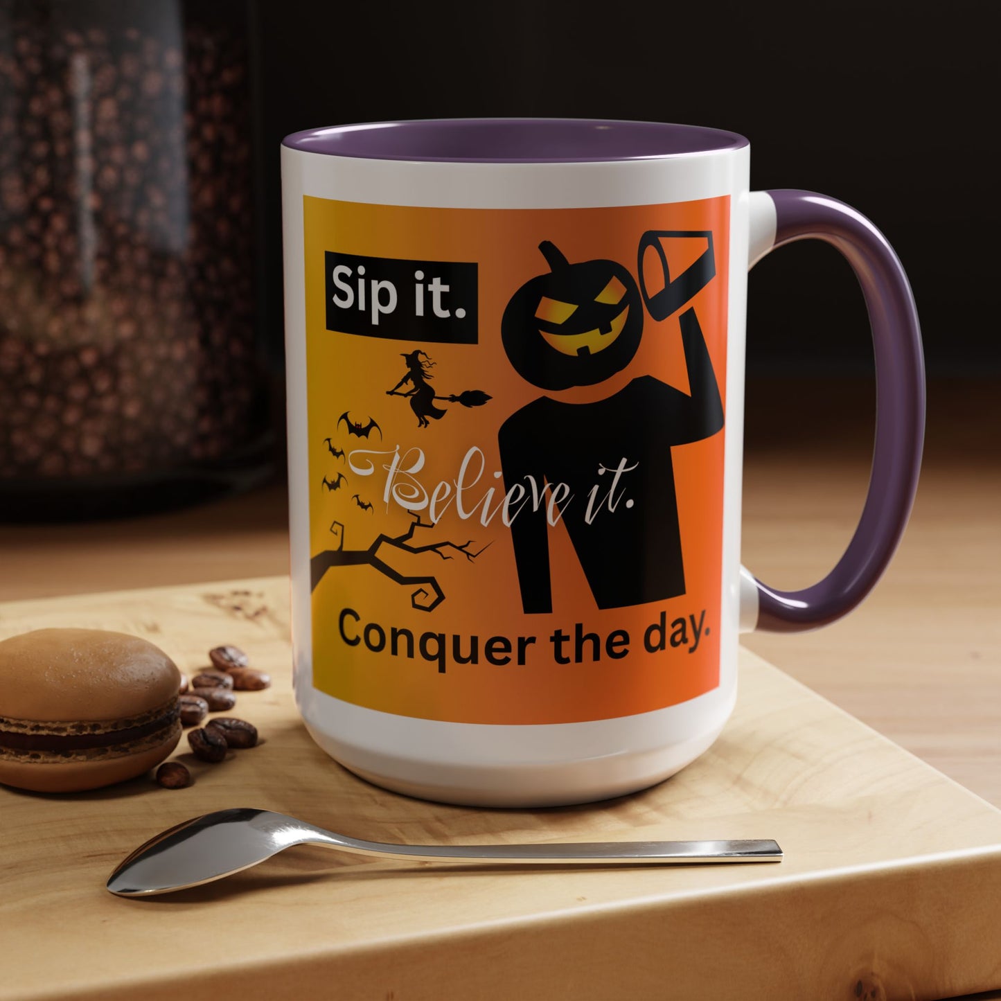 Halloween-Themed Coffee Mug, Sip It Believe It Conquer the Day, Fall Decor, Gift for Pumpkin Lovers, Autumn Kitchenware