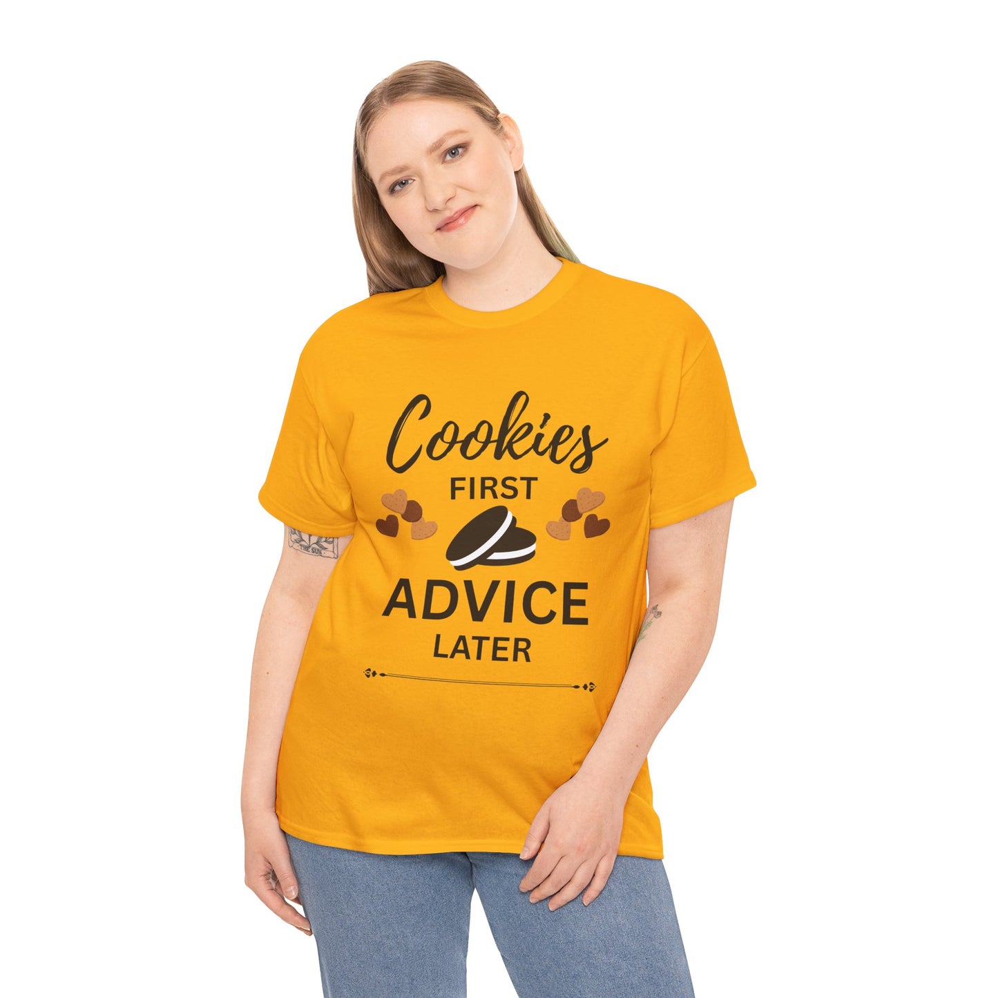 Cookies First Advice Later Unisex Tee, Funny Foodie Shirt, Cookie Lover Gift, Sweet Humor Top, Casual Unisex Cotton Tee
