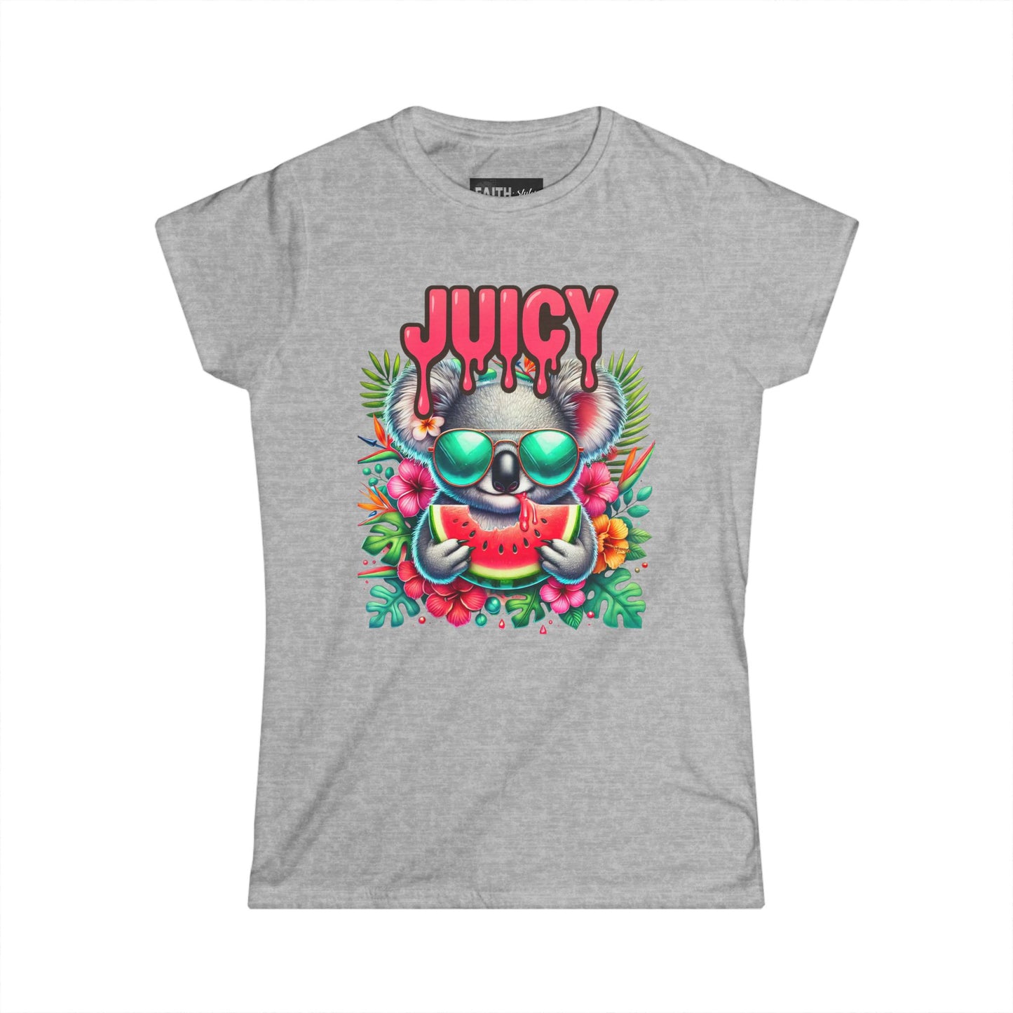Juicy Koala Women's Softstyle Tee, Cute Summer Shirt, Casual Graphic Tee, Fun Gift for Friends, Tropical Vibe T-Shirt