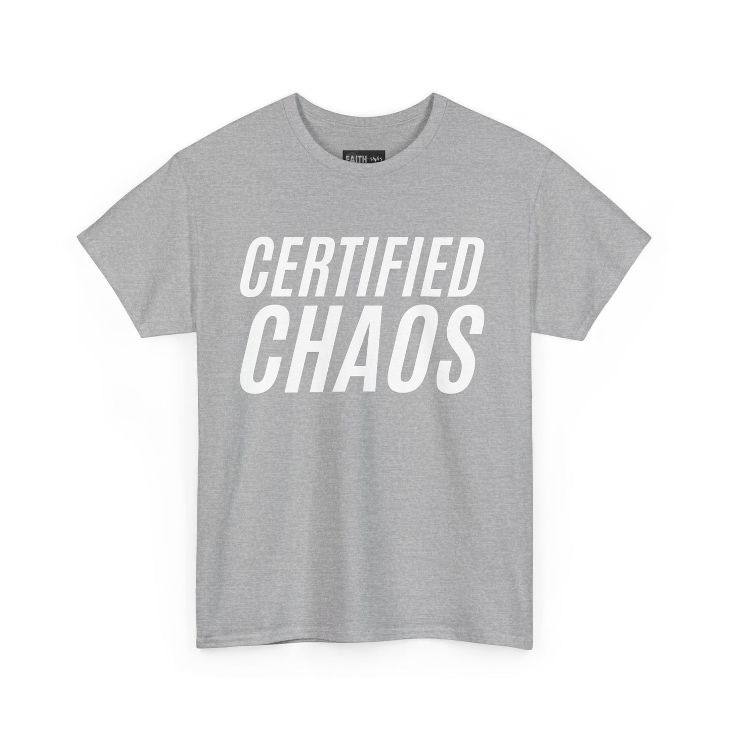 Certified Chaos Unisex Heavy Cotton Tee, Casual Tee, Graphic Tee, Trendy T-Shirt, Gift for Friends, Everyday Wear