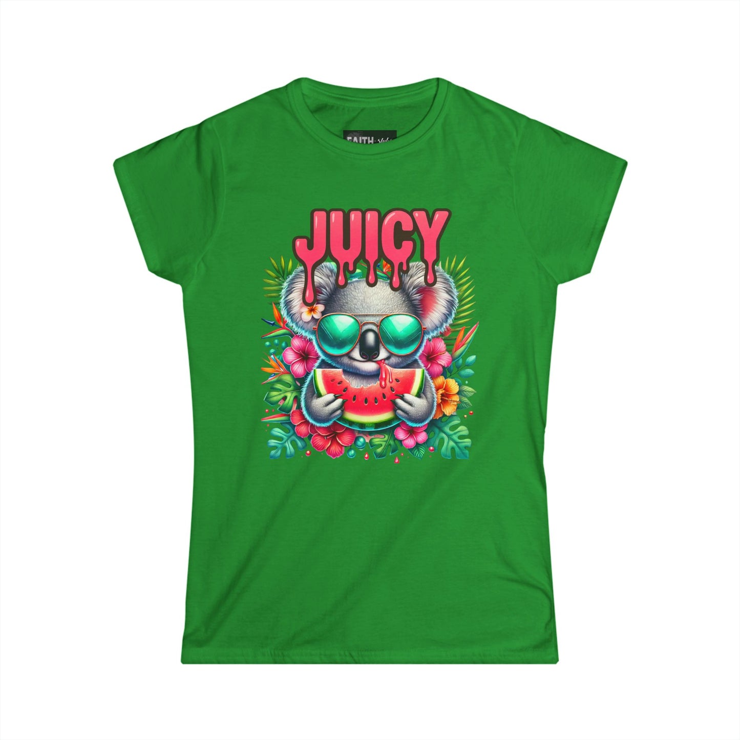 Juicy Koala Women's Softstyle Tee, Cute Summer Shirt, Casual Graphic Tee, Fun Gift for Friends, Tropical Vibe T-Shirt