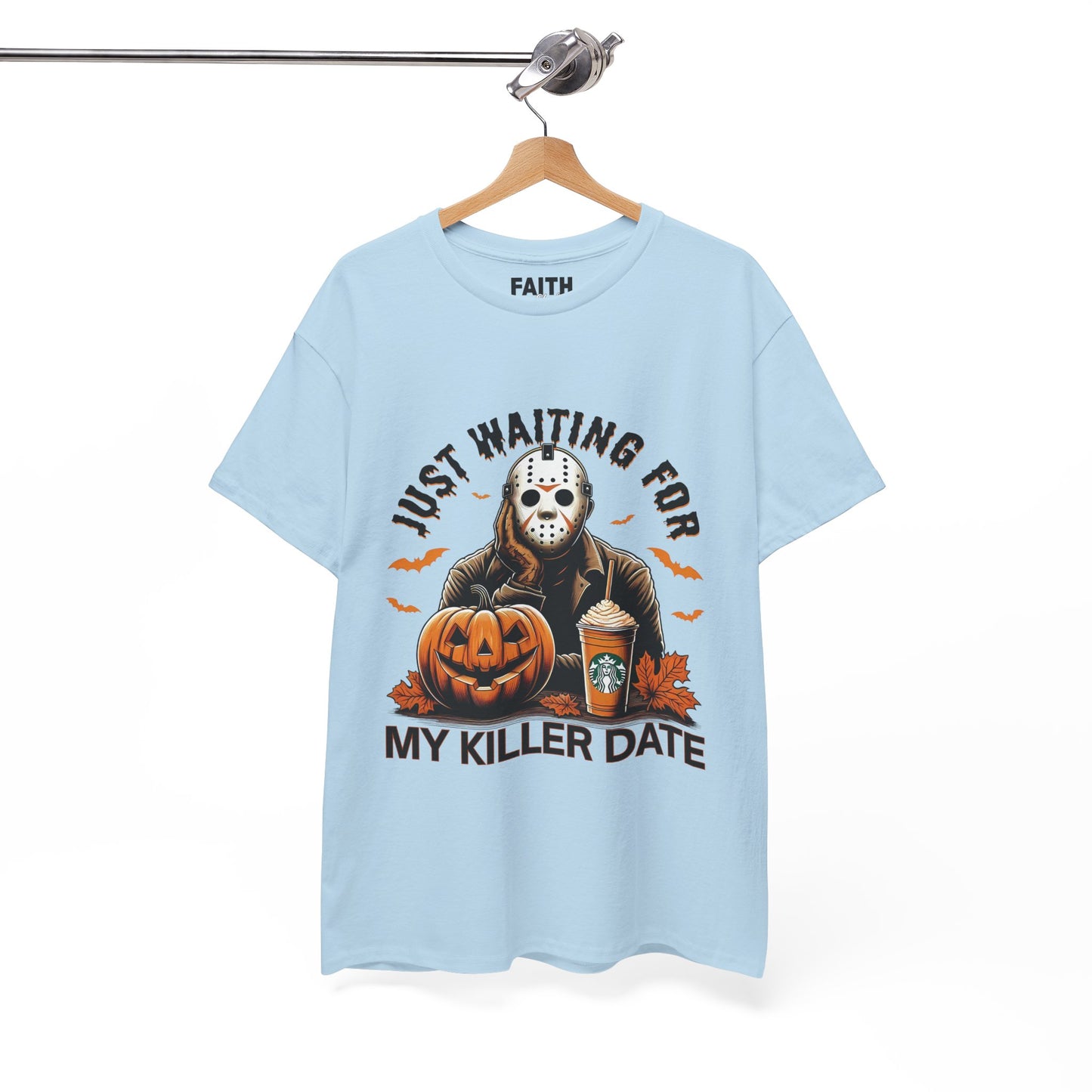 Unisex Halloween Graphic Tee, Spooky T-Shirt for Fall, Just Waiting for My Killer Date Shirt, Perfect for Halloween Parties or Gift