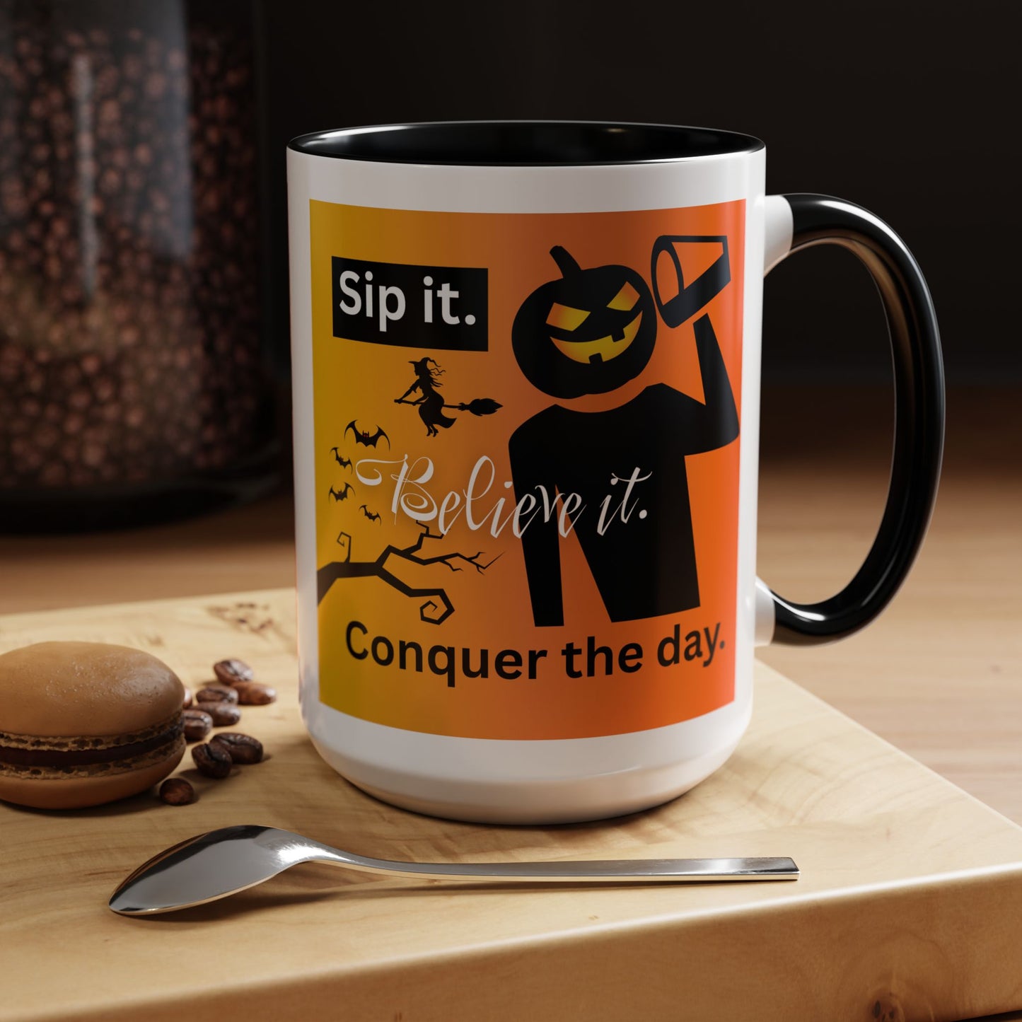 Halloween-Themed Coffee Mug, Sip It Believe It Conquer the Day, Fall Decor, Gift for Pumpkin Lovers, Autumn Kitchenware