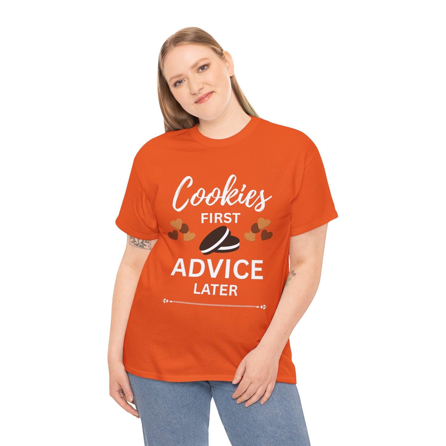 Cookies First Advice Later Unisex Tee, Funny Foodie Shirt, Cookie Lover Gift, Sweet Humor Top, Casual Unisex Cotton Tee