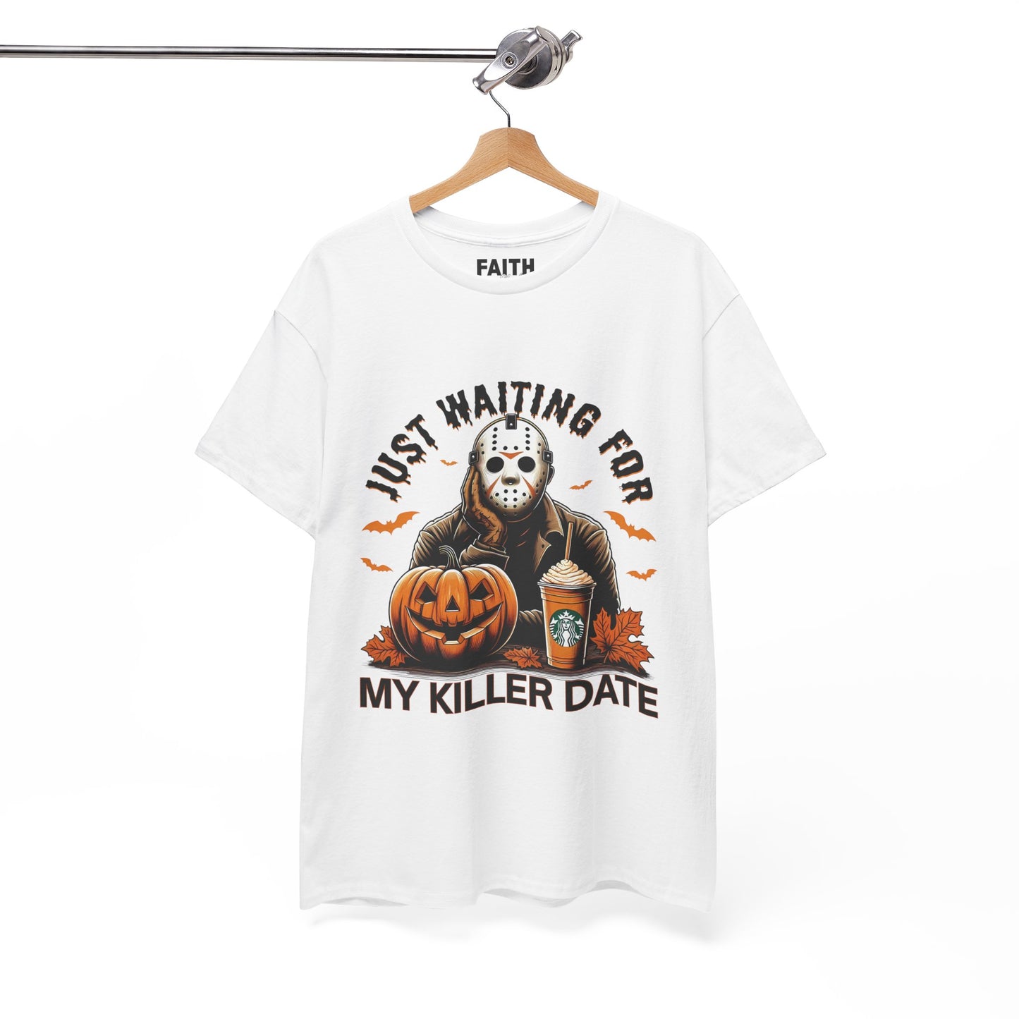 Unisex Halloween Graphic Tee, Spooky T-Shirt for Fall, Just Waiting for My Killer Date Shirt, Perfect for Halloween Parties or Gift