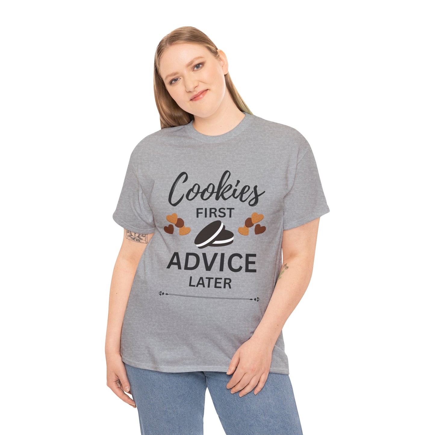 Cookies First Advice Later Unisex Tee, Funny Foodie Shirt, Cookie Lover Gift, Sweet Humor Top, Casual Unisex Cotton Tee