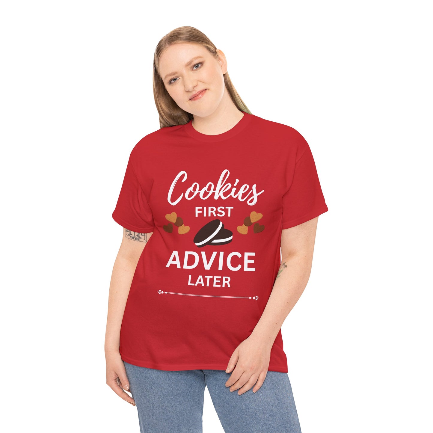 Cookies First Advice Later Unisex Tee, Funny Foodie Shirt, Cookie Lover Gift, Sweet Humor Top, Casual Unisex Cotton Tee