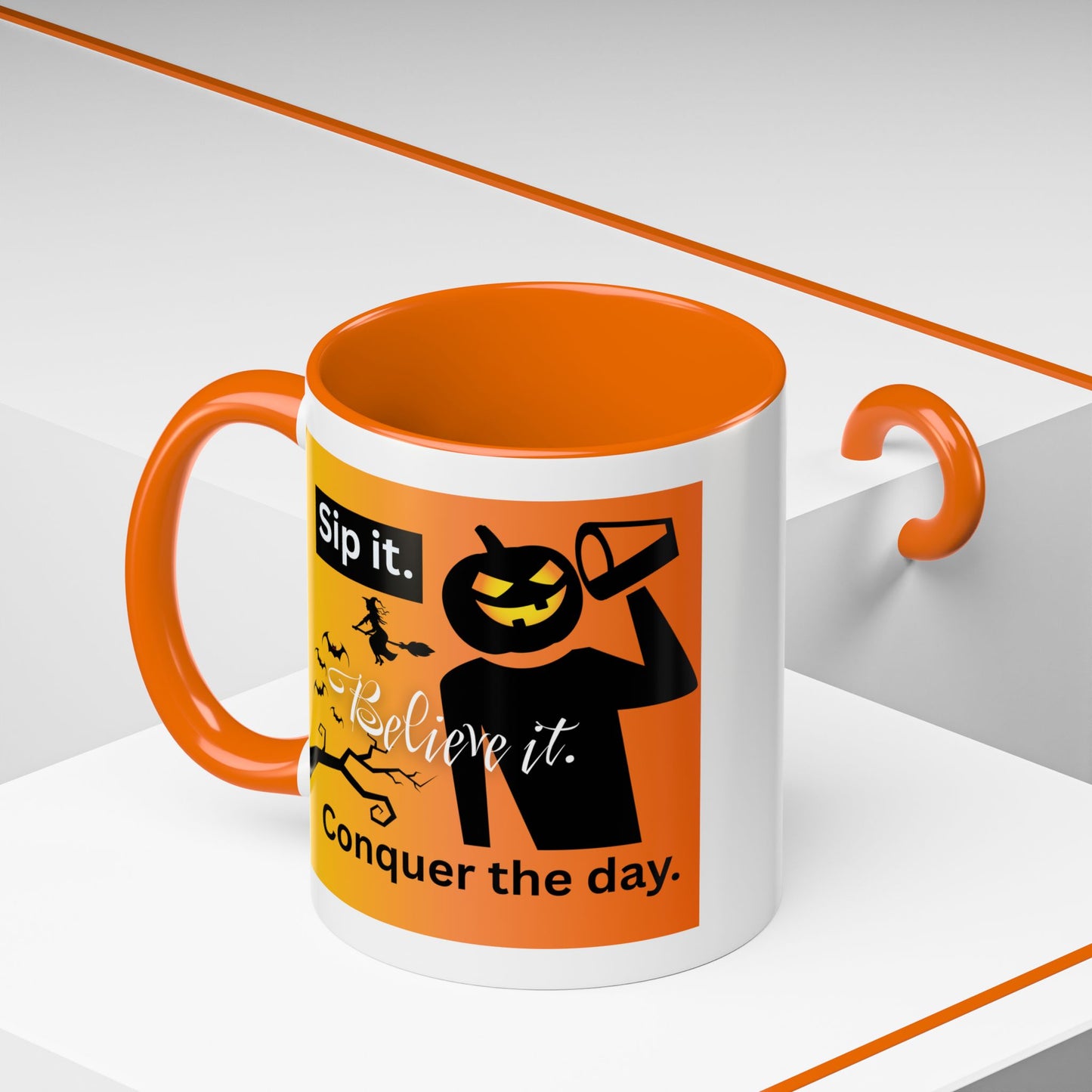 FaithStyles Halloween-Themed Coffee Mug, Sip It Believe It Conquer the Day, Fall Decor, Gift for Pumpkin Lovers, Autumn Kitchenware