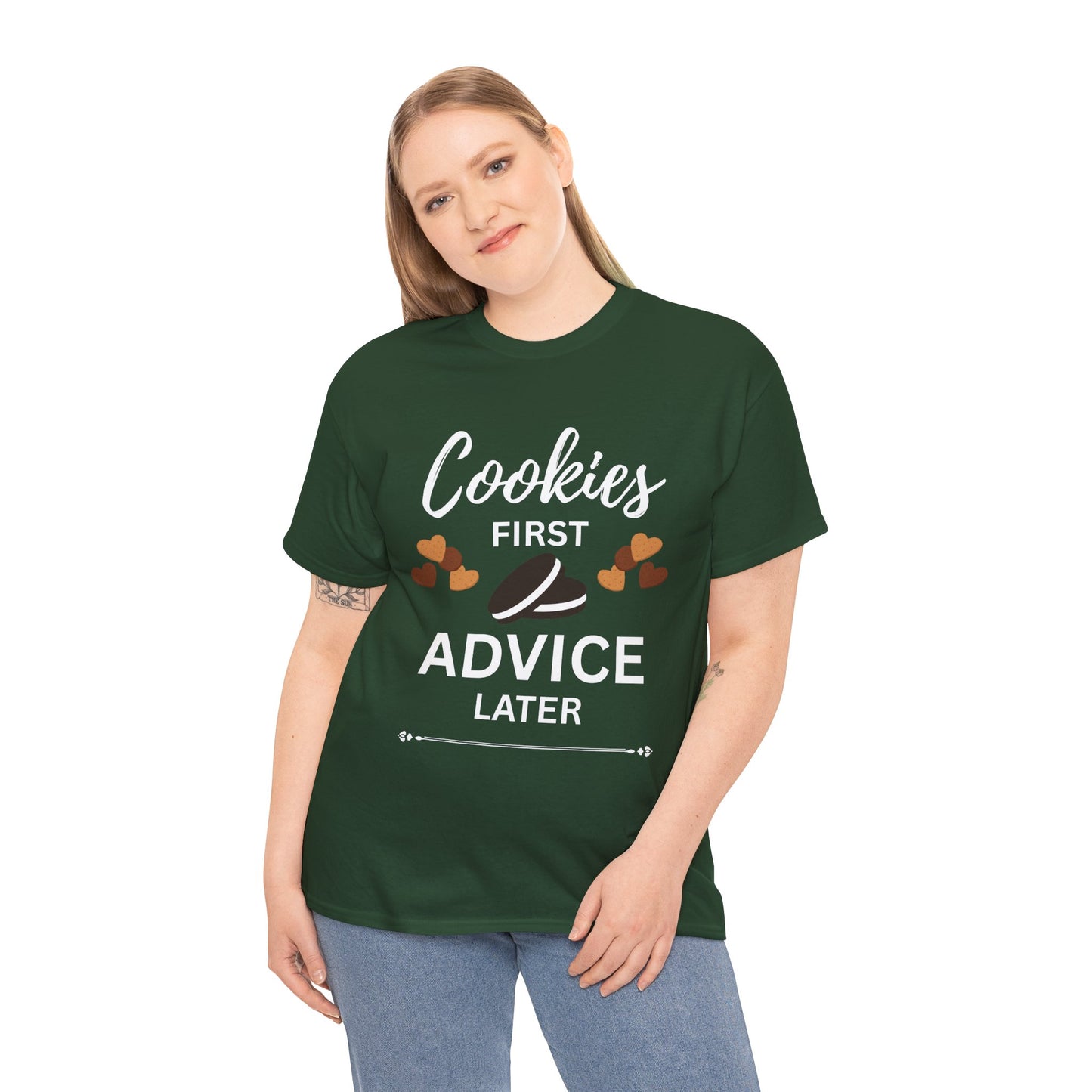 Cookies First Advice Later Unisex Tee, Funny Foodie Shirt, Cookie Lover Gift, Sweet Humor Top, Casual Unisex Cotton Tee