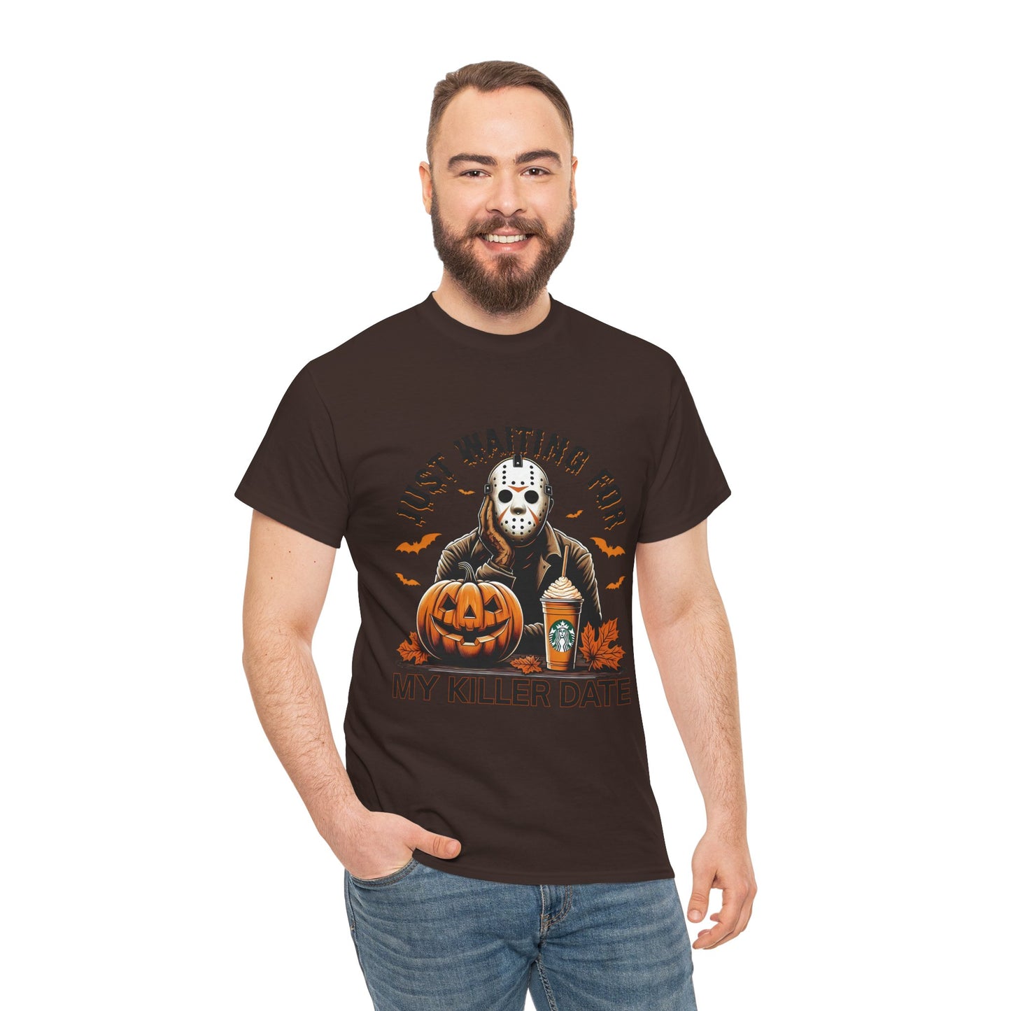 Unisex Halloween Graphic Tee, Spooky T-Shirt for Fall, Just Waiting for My Killer Date Shirt, Perfect for Halloween Parties or Gift