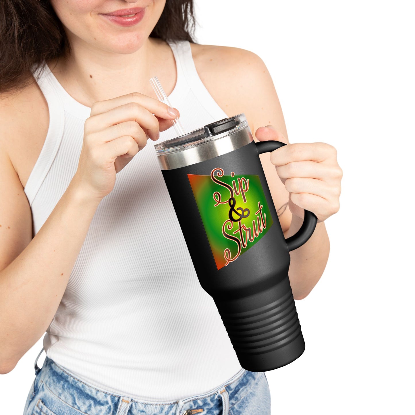 Vibrant Insulated Travel Mug - Sip & Strut, Perfect for Coffee Lovers, Road Trips, Outdoor Adventures, Gift for Holidays, Motivational Mug