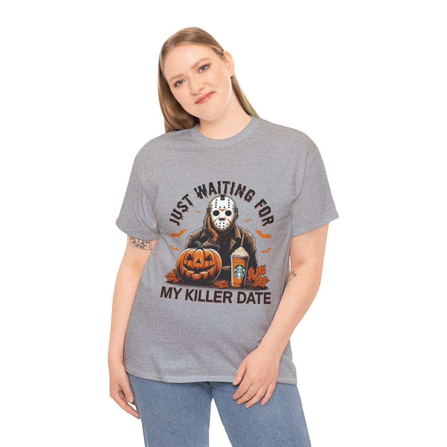 Unisex Halloween Graphic Tee, Spooky T-Shirt for Fall, Just Waiting for My Killer Date Shirt, Perfect for Halloween Parties or Gift