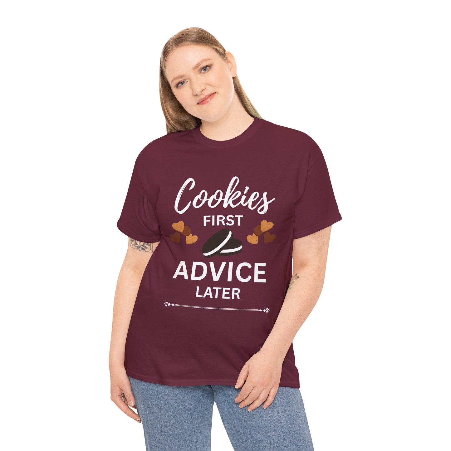 Cookies First Advice Later Unisex Tee, Funny Foodie Shirt, Cookie Lover Gift, Sweet Humor Top, Casual Unisex Cotton Tee