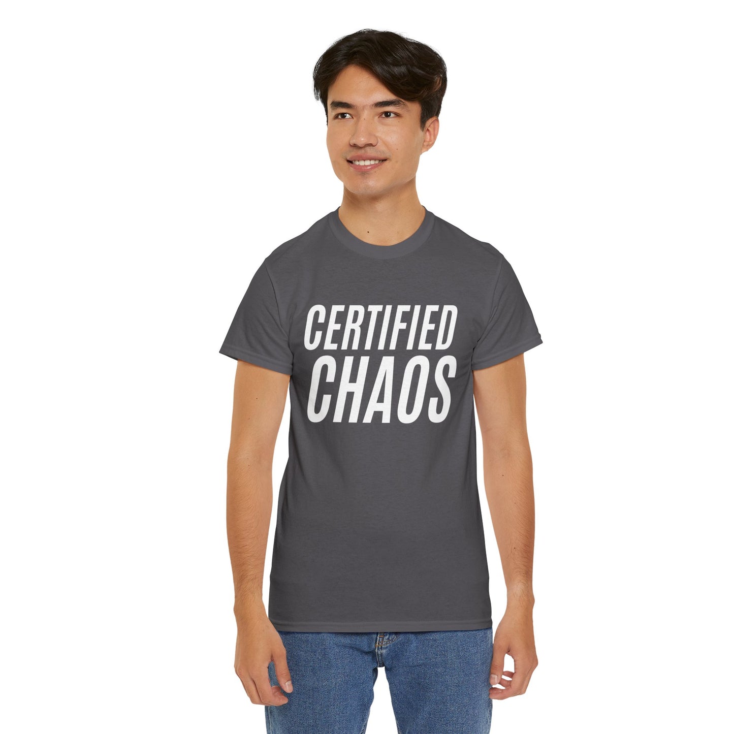 Certified Chaos Unisex Heavy Cotton Tee, Casual Tee, Graphic Tee, Trendy T-Shirt, Gift for Friends, Everyday Wear