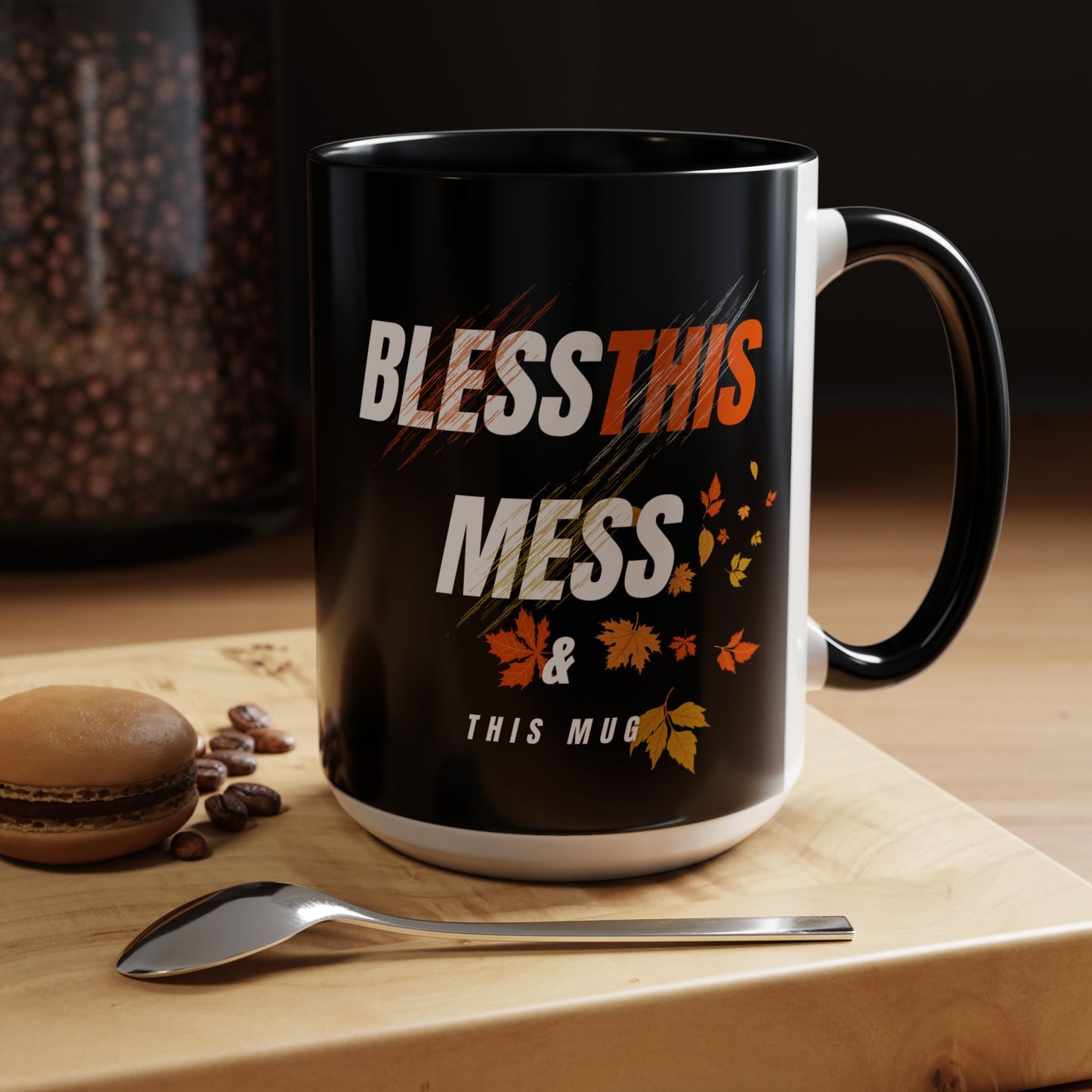Bless This Mess Coffee Mug, Autumn Mug, Funny Mug Gift, Black Ceramic Mug, Fall Coffee Cup