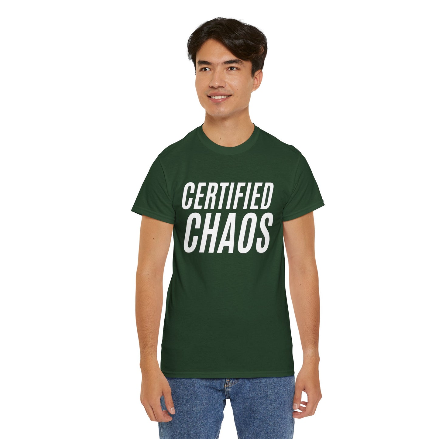 Certified Chaos Unisex Heavy Cotton Tee, Casual Tee, Graphic Tee, Trendy T-Shirt, Gift for Friends, Everyday Wear