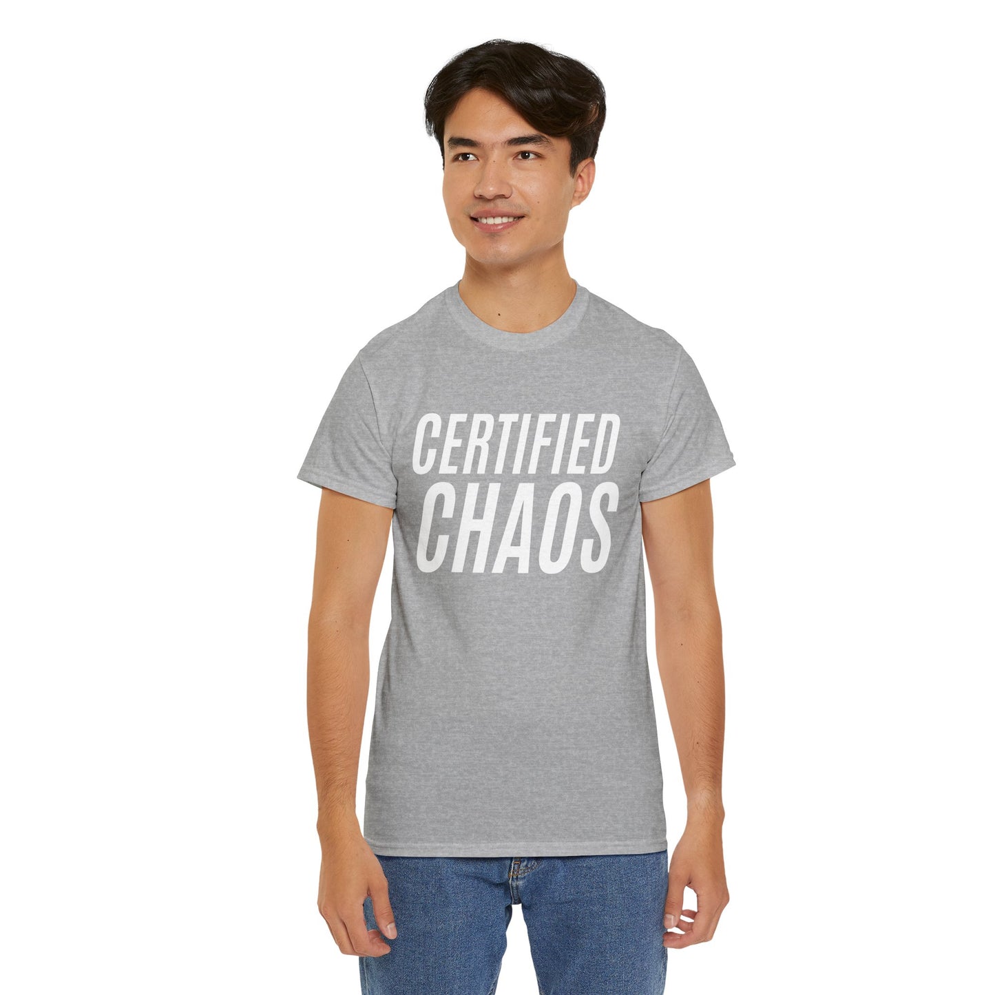 Certified Chaos Unisex Heavy Cotton Tee, Casual Tee, Graphic Tee, Trendy T-Shirt, Gift for Friends, Everyday Wear