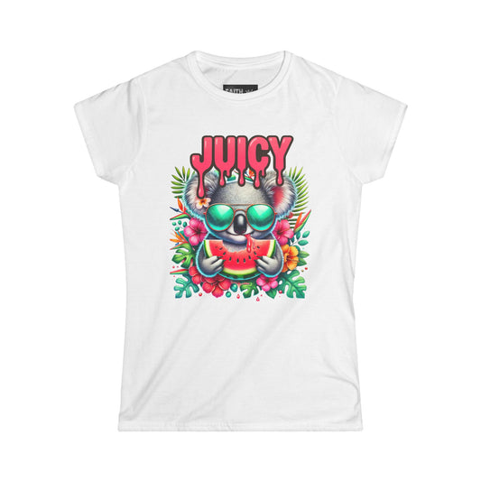 Juicy Koala Women's Softstyle Tee, Cute Summer Shirt, Casual Graphic Tee, Fun Gift for Friends, Tropical Vibe T-Shirt