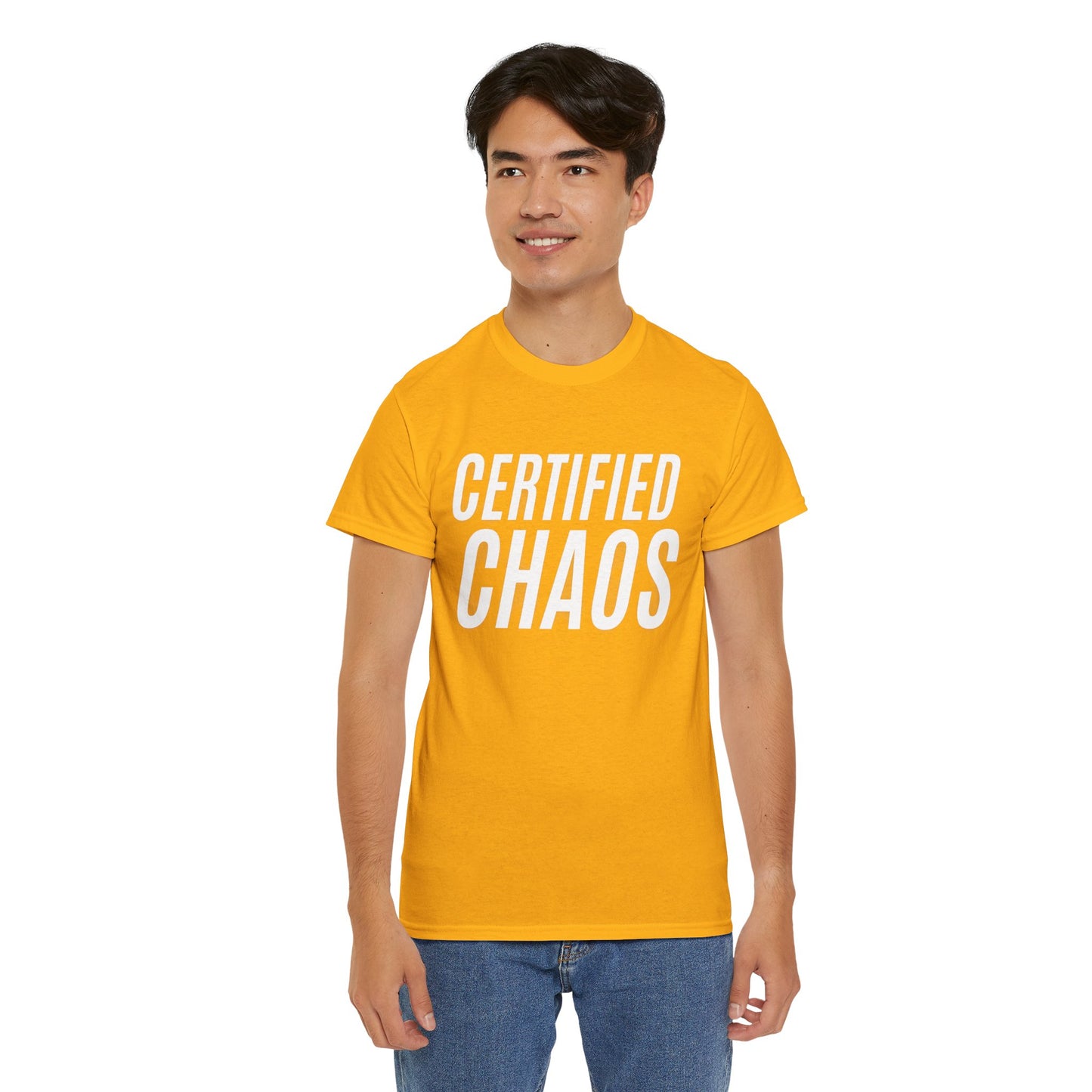 Certified Chaos Unisex Heavy Cotton Tee, Casual Tee, Graphic Tee, Trendy T-Shirt, Gift for Friends, Everyday Wear