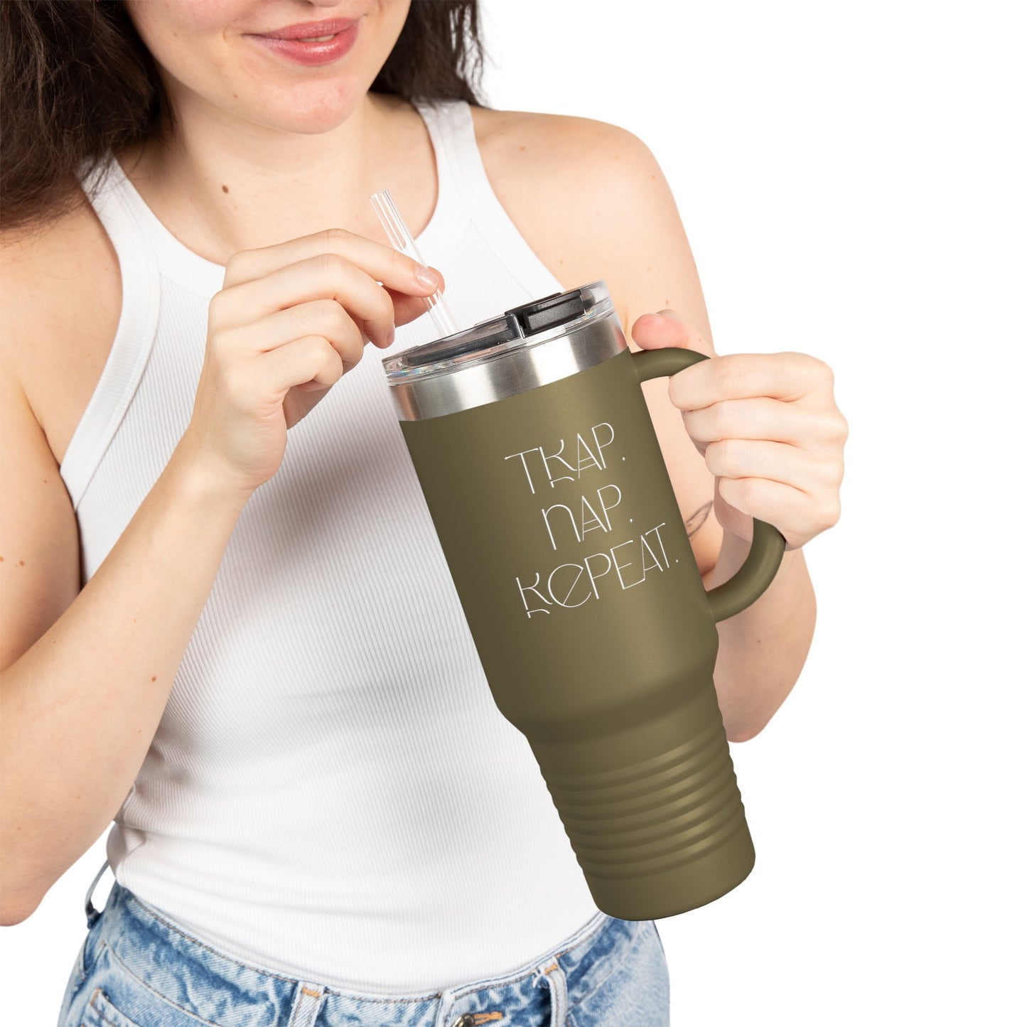 FaithStyles “Trap. Nap. Repeat.” Insulated Travel Tumbler – Stainless Steel Mug with Straw
