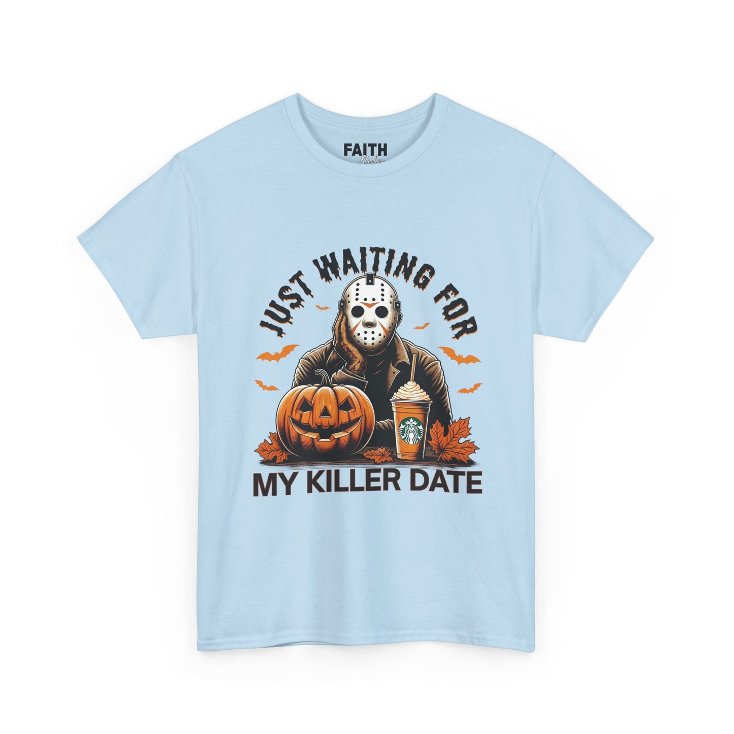 Unisex Halloween Graphic Tee, Spooky T-Shirt for Fall, Just Waiting for My Killer Date Shirt, Perfect for Halloween Parties or Gift