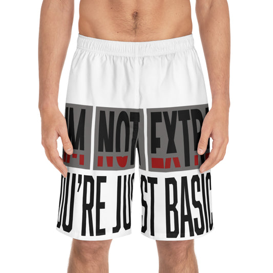 Board Shorts - 'I’m Not Extra, You’re Just Basic' AOP, Beachwear, Summer Apparel, Casual Swim Trunks, Gift for Him, Funny Swim Shorts