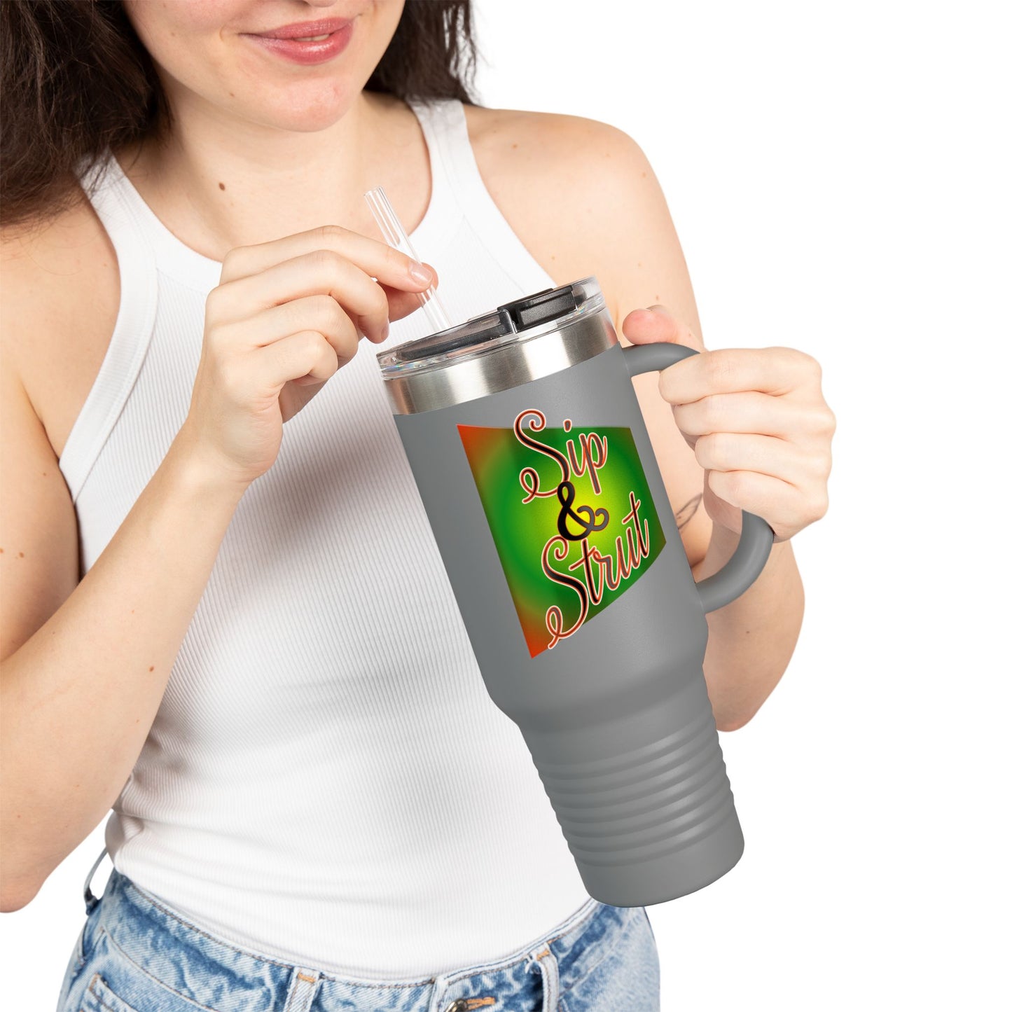 Vibrant Insulated Travel Mug - Sip & Strut, Perfect for Coffee Lovers, Road Trips, Outdoor Adventures, Gift for Holidays, Motivational Mug