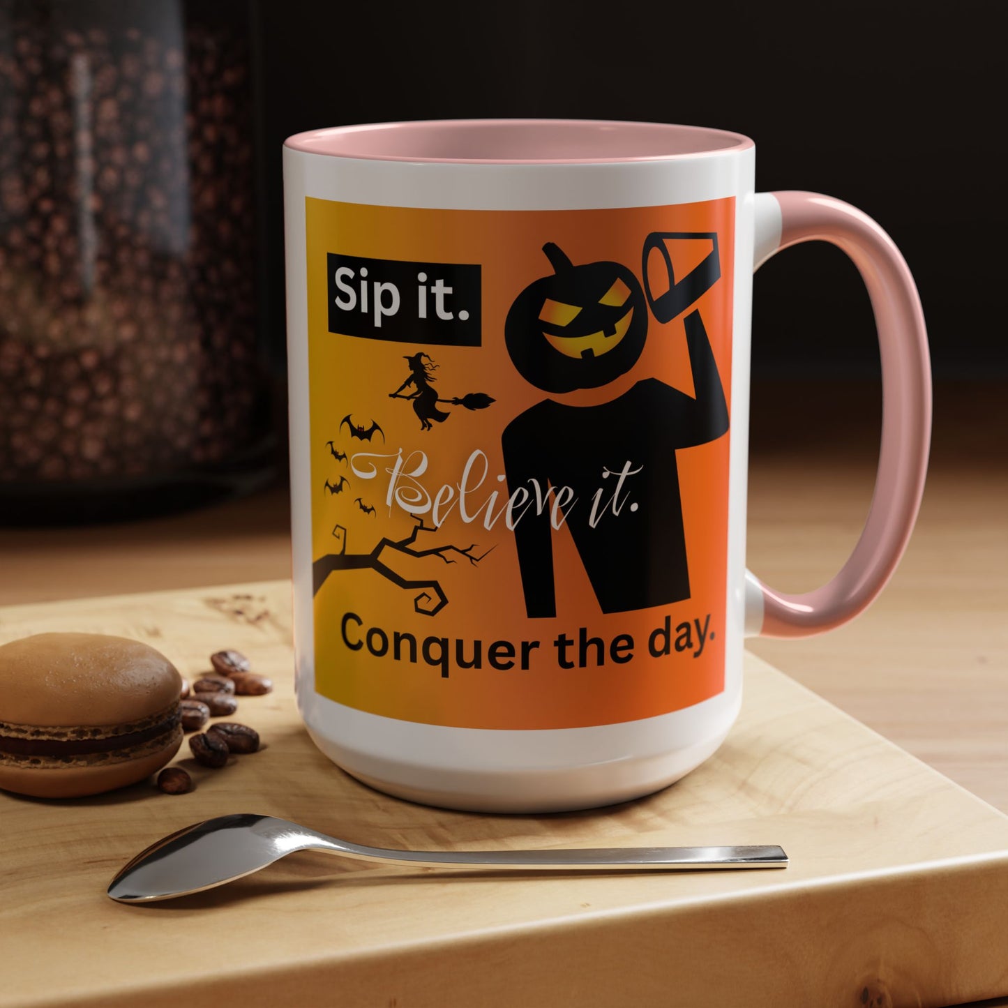 Halloween-Themed Coffee Mug, Sip It Believe It Conquer the Day, Fall Decor, Gift for Pumpkin Lovers, Autumn Kitchenware