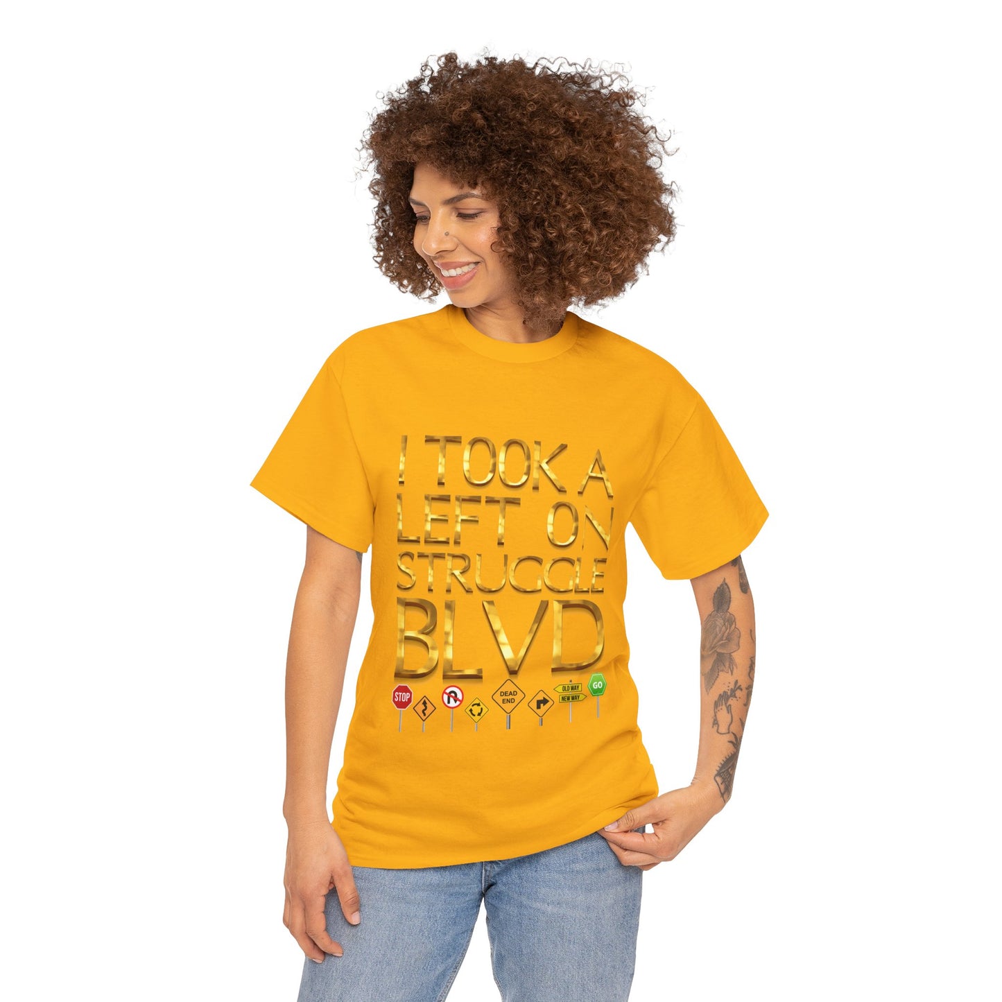 Humorous Unisex Heavy Cotton T-shirt - "I Took a Left on Struggle BLVD"