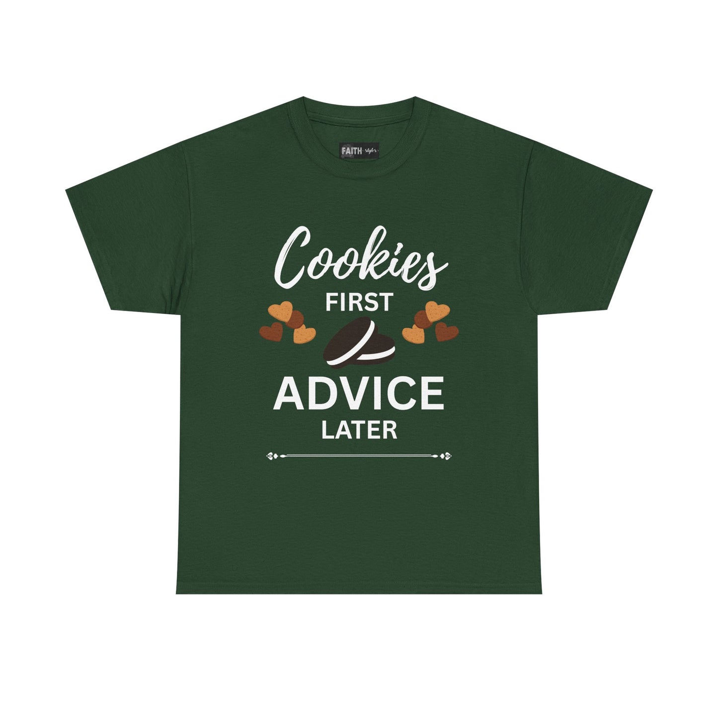 Cookies First Advice Later Unisex Tee, Funny Foodie Shirt, Cookie Lover Gift, Sweet Humor Top, Casual Unisex Cotton Tee