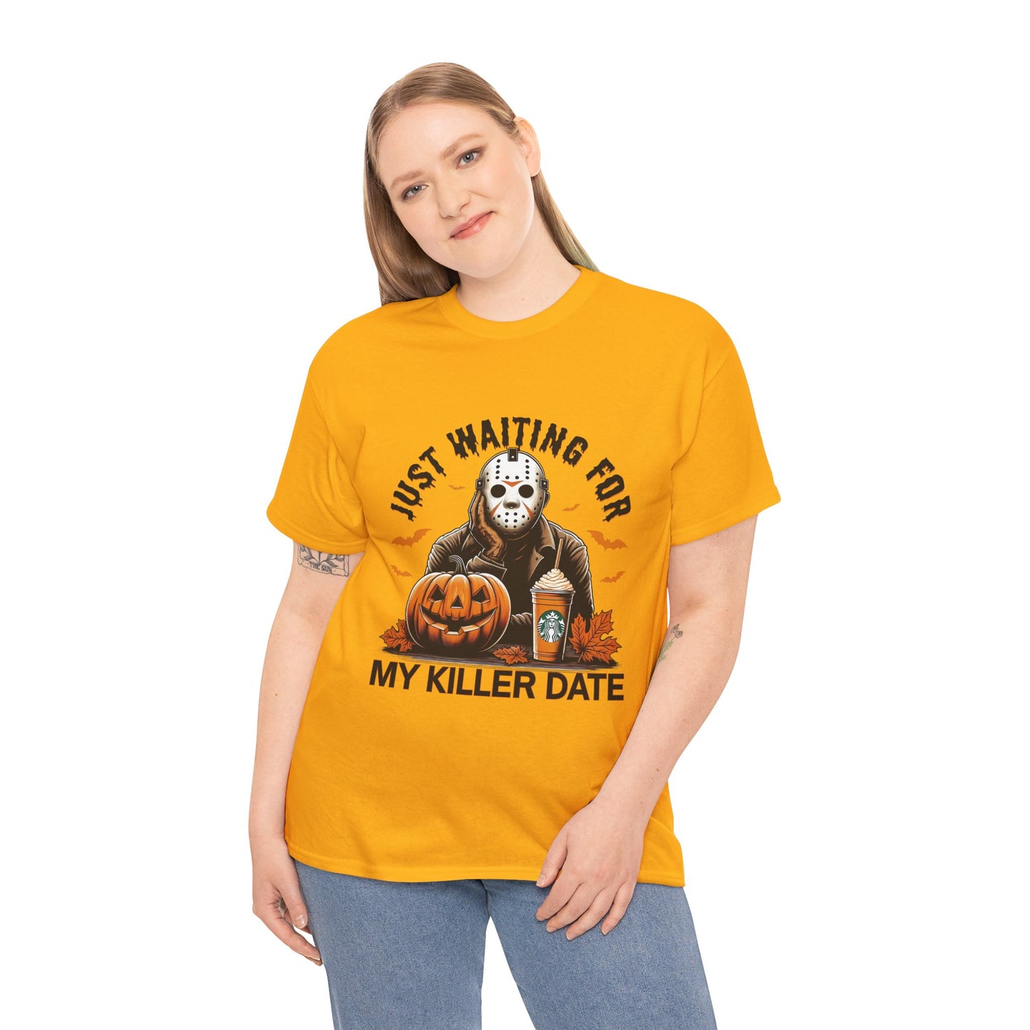 Unisex Halloween Graphic Tee, Spooky T-Shirt for Fall, Just Waiting for My Killer Date Shirt, Perfect for Halloween Parties or Gift