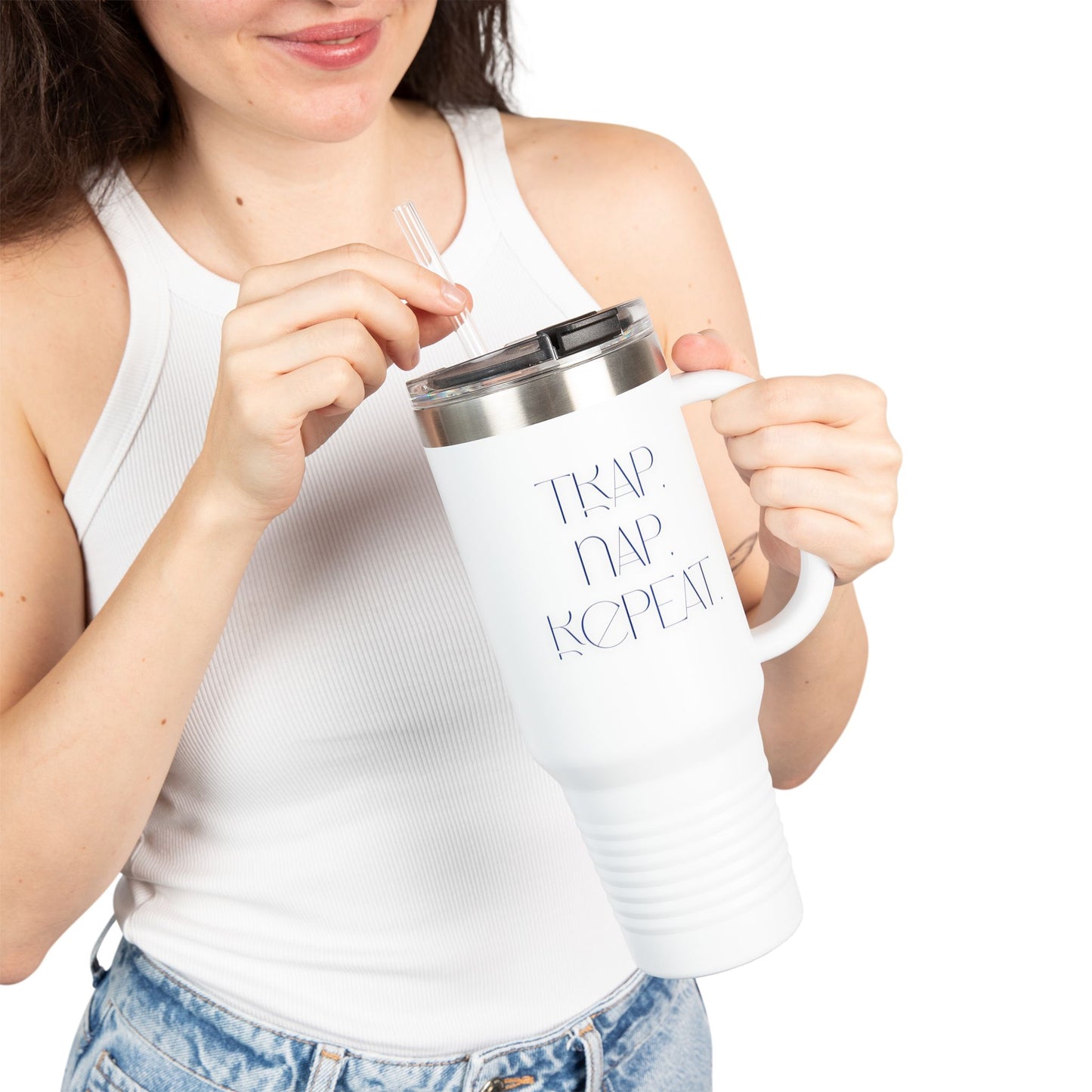 FaithStyles “Trap. Nap. Repeat.” Insulated Travel Tumbler – Stainless Steel Mug with Straw