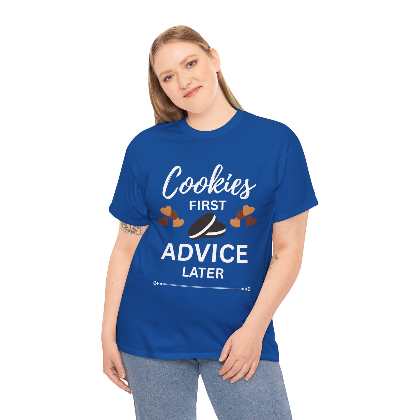 Cookies First Advice Later Unisex Tee, Funny Foodie Shirt, Cookie Lover Gift, Sweet Humor Top, Casual Unisex Cotton Tee