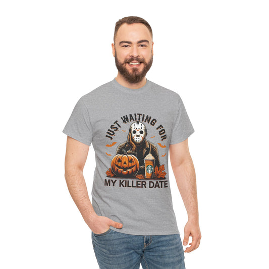 Unisex Halloween Graphic Tee, Spooky T-Shirt for Fall, Just Waiting for My Killer Date Shirt, Perfect for Halloween Parties or Gift