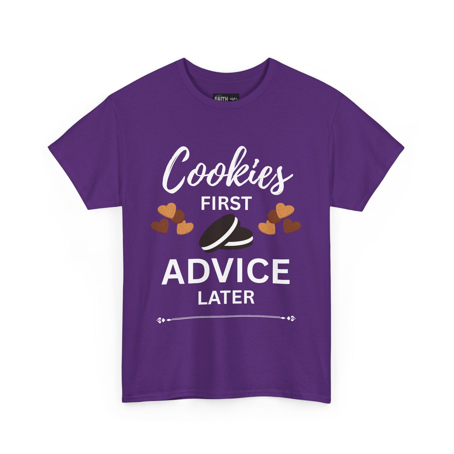 Cookies First Advice Later Unisex Tee, Funny Foodie Shirt, Cookie Lover Gift, Sweet Humor Top, Casual Unisex Cotton Tee