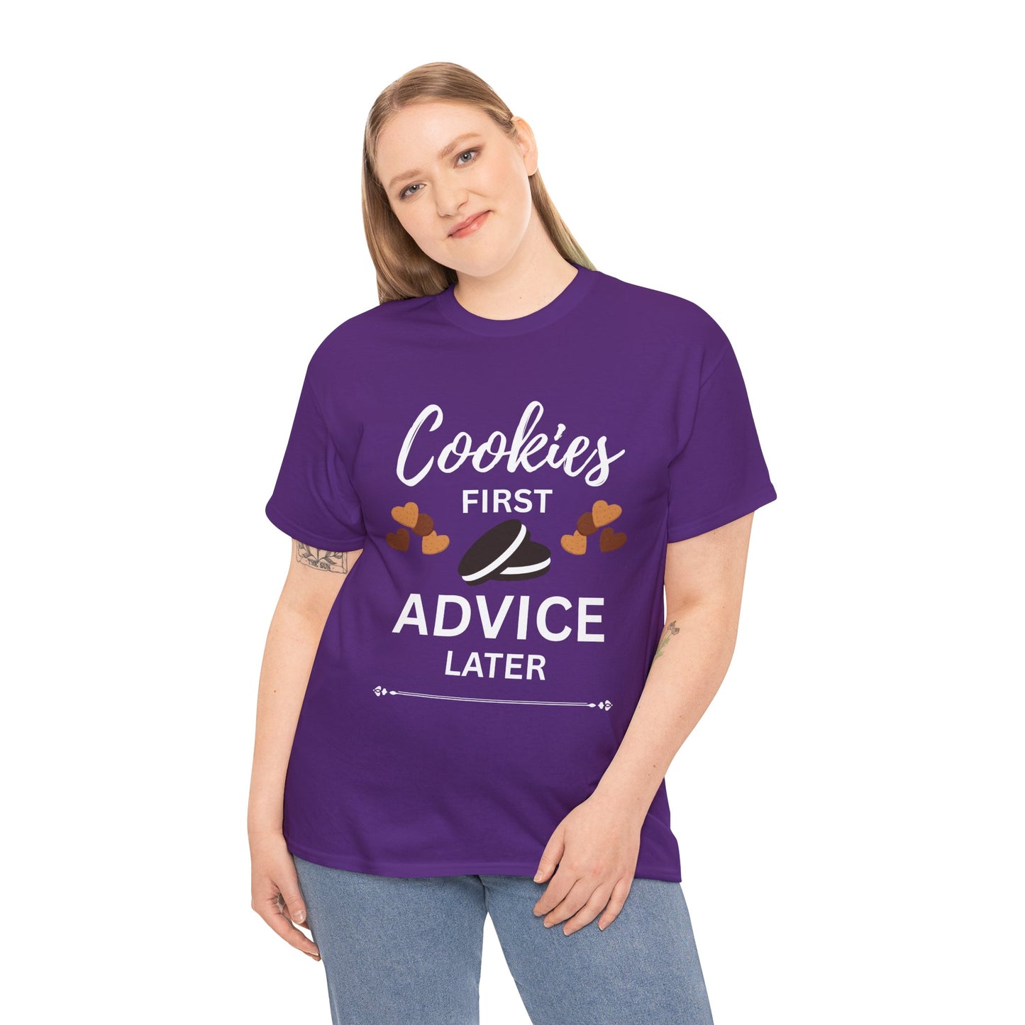 Cookies First Advice Later Unisex Tee, Funny Foodie Shirt, Cookie Lover Gift, Sweet Humor Top, Casual Unisex Cotton Tee