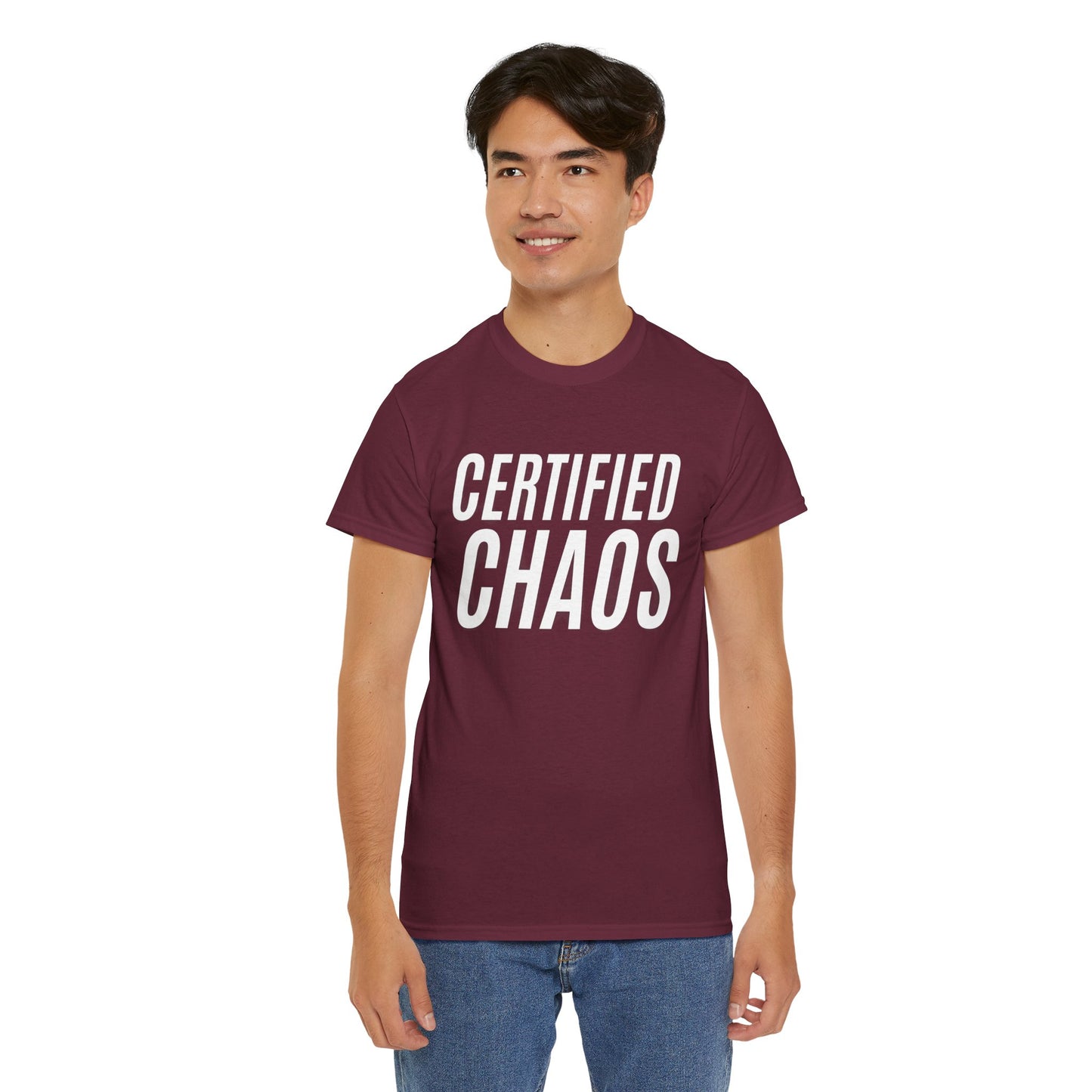 Certified Chaos Unisex Heavy Cotton Tee, Casual Tee, Graphic Tee, Trendy T-Shirt, Gift for Friends, Everyday Wear