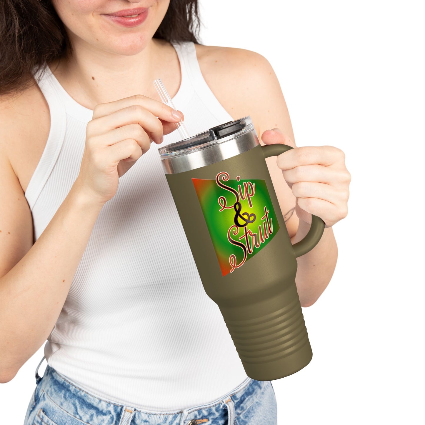 Vibrant Insulated Travel Mug - Sip & Strut, Perfect for Coffee Lovers, Road Trips, Outdoor Adventures, Gift for Holidays, Motivational Mug