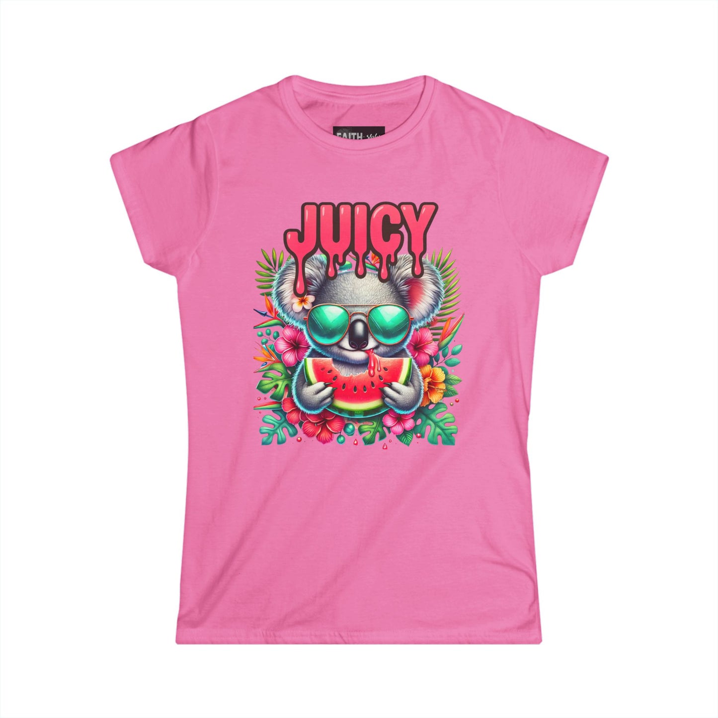 Juicy Koala Women's Softstyle Tee, Cute Summer Shirt, Casual Graphic Tee, Fun Gift for Friends, Tropical Vibe T-Shirt