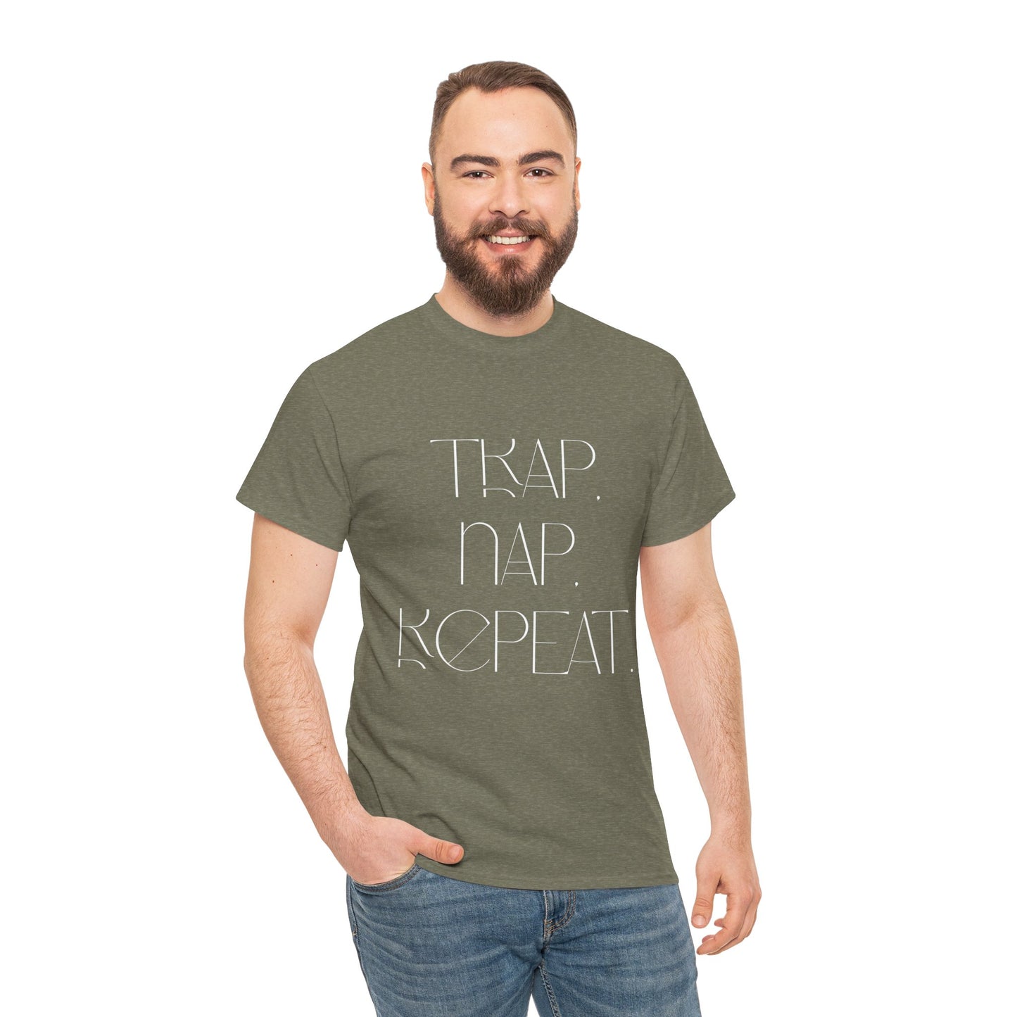 Unisex Heavy Cotton Tee - 'Trap. Nap. Repeat.' Motivational Shirt for Relaxation and Leisure