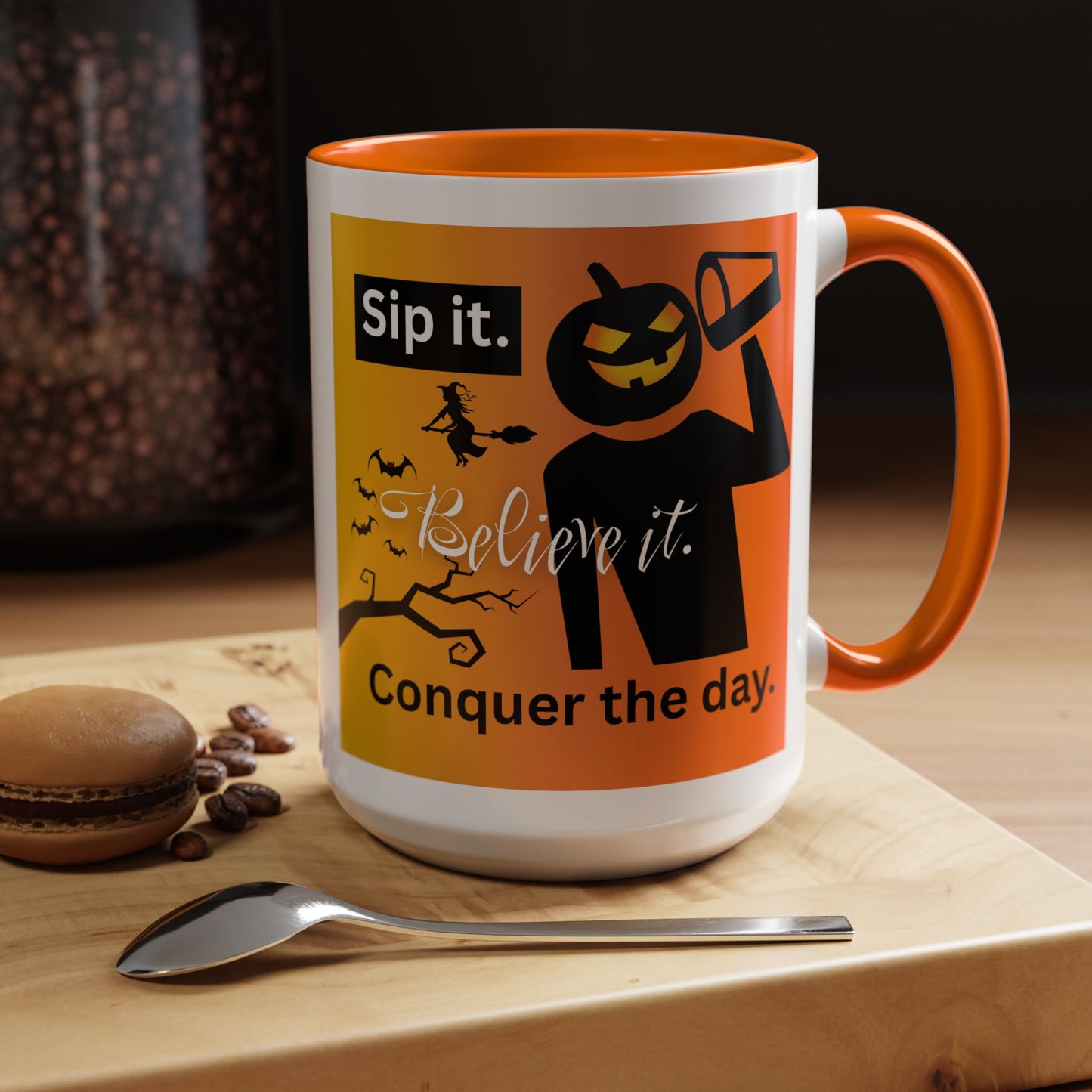 Halloween-Themed Coffee Mug, Sip It Believe It Conquer the Day, Fall Decor, Gift for Pumpkin Lovers, Autumn Kitchenware