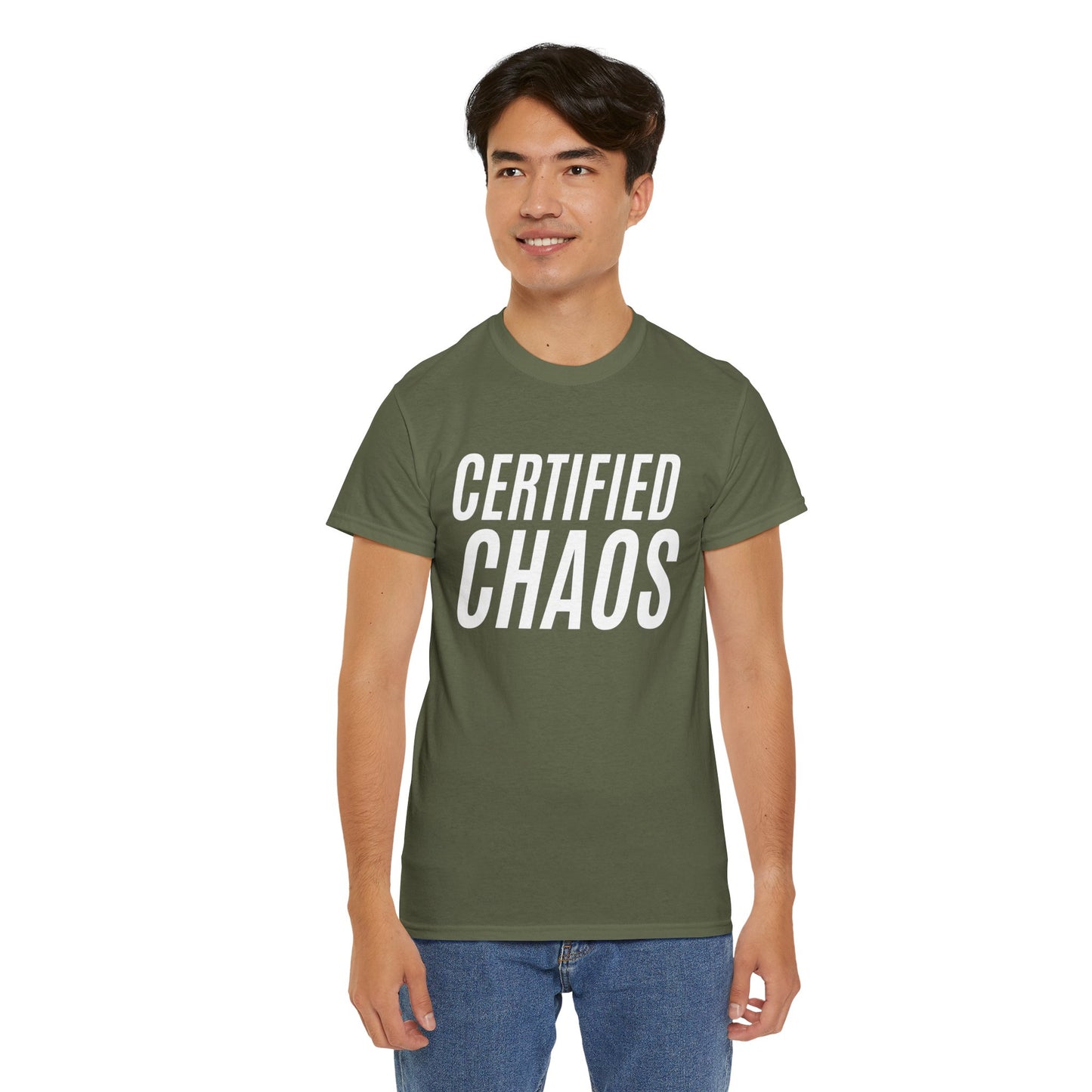 Certified Chaos Unisex Heavy Cotton Tee, Casual Tee, Graphic Tee, Trendy T-Shirt, Gift for Friends, Everyday Wear