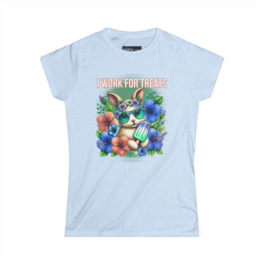 Women's Graphic Tee, I Work for Treats Dog Lover Shirt, Cute Pet T-Shirt, Floral Dog Art Tee, Gift for Dog Moms, Summer Tee