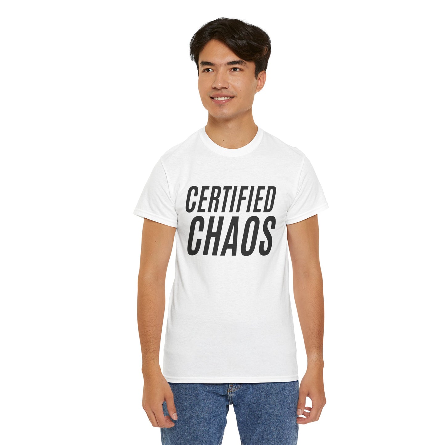 Certified Chaos Unisex Heavy Cotton Tee, Casual Tee, Graphic Tee, Trendy T-Shirt, Gift for Friends, Everyday Wear