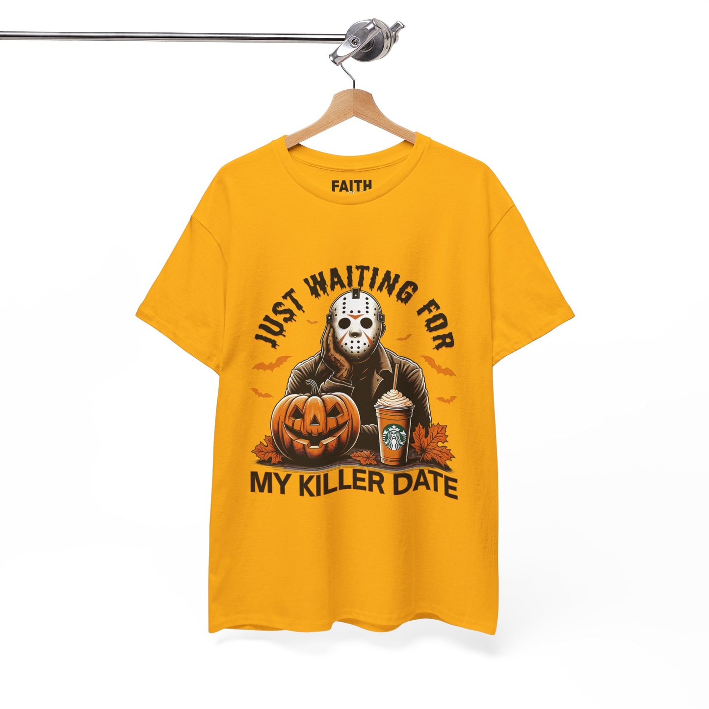Unisex Halloween Graphic Tee, Spooky T-Shirt for Fall, Just Waiting for My Killer Date Shirt, Perfect for Halloween Parties or Gift