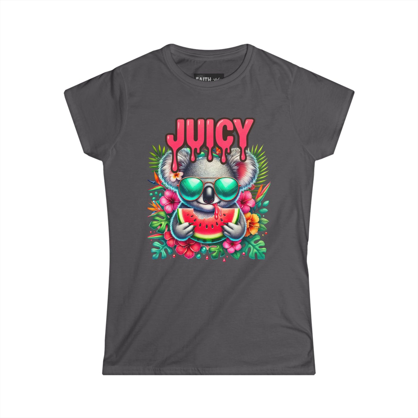 Juicy Koala Women's Softstyle Tee, Cute Summer Shirt, Casual Graphic Tee, Fun Gift for Friends, Tropical Vibe T-Shirt